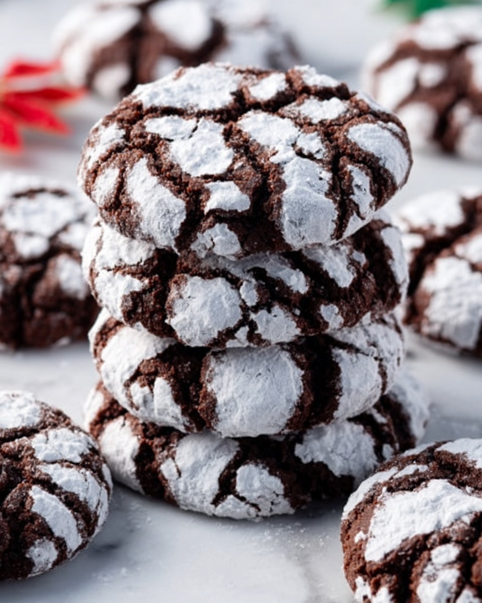 The image shows several dark brown, chocolate crinkle cookies stacked in small piles on a white marbled surface. Each cookie is round with a cracked top, revealing a soft, moist inside covered in a light dusting of white powdered sugar that creates a striking contrast. The cookies have a rough texture on top with deep crevices filled with powder, and the edges are slightly softer and uneven. The lighting highlights the powdered sugar and the glossy chocolate cracks, giving a fresh, homemade feel. Photo taken with an iphone --ar 4:5 --v 7