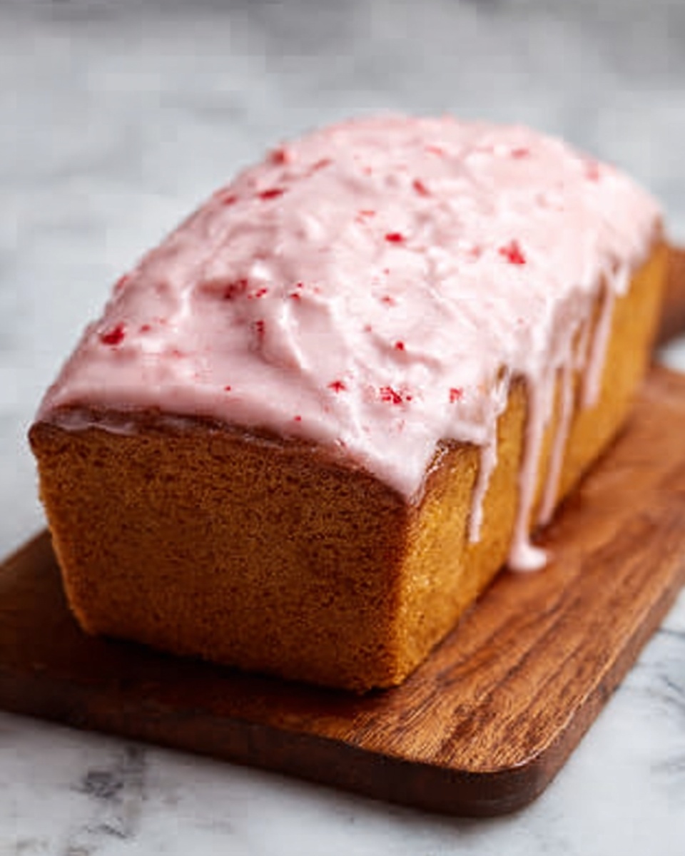 A loaf cake sits on a flat wooden board, topped with a thick layer of light pink icing that has small red bits mixed in, giving it a slightly textured look. The cake itself is a warm golden brown with a smooth surface. The background is a white marbled texture, soft and bright. Photo taken with an iphone --ar 4:5 --v 7