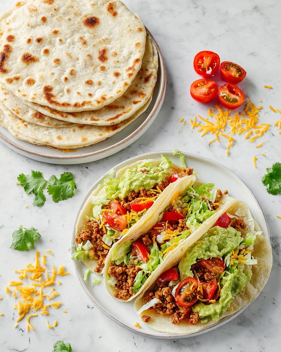 The image shows soft flatbreads arranged on a white plate with some stacked and one open flatbread. The open flatbread has four layers: a base of light beige flatbread with brown spots, a spread of green avocado, a layer of fresh green lettuce leaves, and topped with reddish-brown seasoned ground meat and small red tomato pieces with orange shredded cheese. Below the plate, there are three folded flatbread tacos standing side by side, each filled with similar layers of beige flatbread, green lettuce, red tomatoes, brown meat, some white sauce, and orange shredded cheese. Around the food are scattered small pieces of yellow cheese, fresh cilantro leaves, and halved red tomatoes, all set on a white marbled surface. Photo taken with an iphone --ar 4:5 --v 7