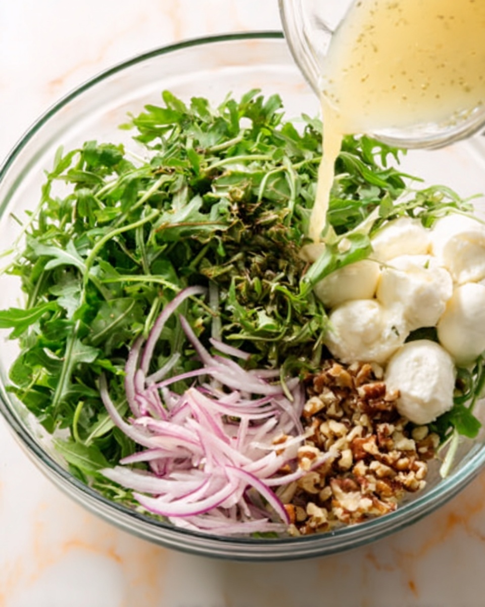A clear glass bowl filled with fresh, bright green arugula leaves with a slightly rough texture, topped with thin, sliced light purple onions arranged in a small pile. Next to the onions, there is a cluster of small chopped nuts in shades of light brown and tan. On the other side, creamy white mozzarella balls add a smooth, soft texture. A transparent jar held by a woman's hand is pouring a pale yellow dressing over the ingredients. The bowl is placed on a white marbled surface. Photo taken with an iphone --ar 4:5 --v 7