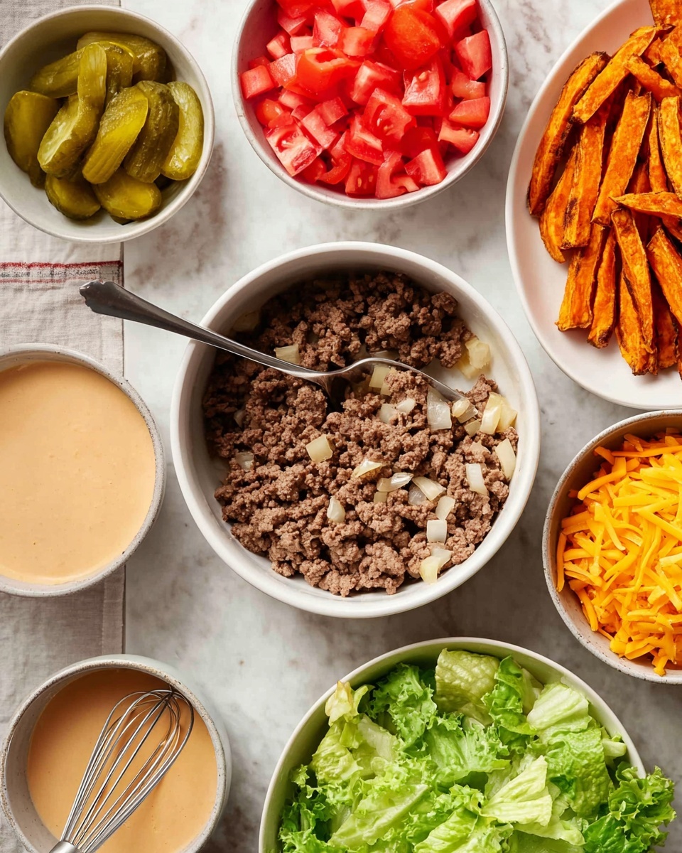The image shows six white bowls with different food items arranged on a white marbled surface. In the top center, there is a bowl filled with cooked ground meat mixed with small pieces of onion, with a spoon partly inside. To the top left, a bowl contains bright red chopped tomatoes. Below it, a bowl holds green pickle slices. On the bottom left, a bowl with a light brown creamy sauce has a small whisk resting inside. To the bottom center, there is a bowl filled with fresh green chopped lettuce. Finally, on the right, a smaller bowl is filled with shredded bright yellow cheddar cheese, and above that is a white plate with crispy golden sweet potato fries. Photo taken with an iphone --ar 4:5 --v 7