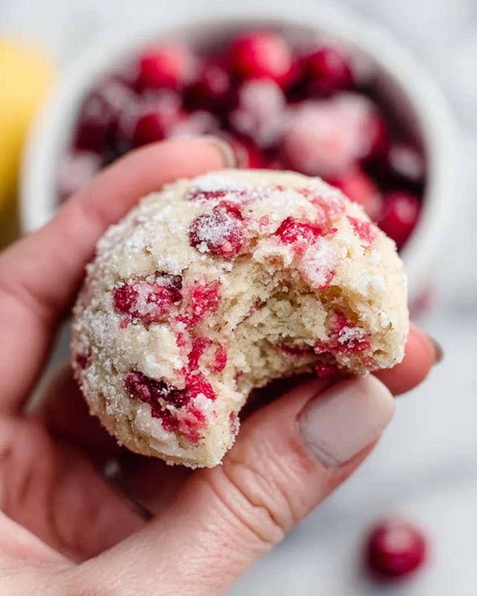 A close-up of a woman's hand holding a single cookie with one bite taken out of it. The cookie has a crumbly light beige outer layer with a powdery sugar coating and red berry pieces embedded inside. In the background, there is a white bowl filled with more red berries, all set on a white marbled surface. photo taken with an iphone --ar 4:5 --v 7