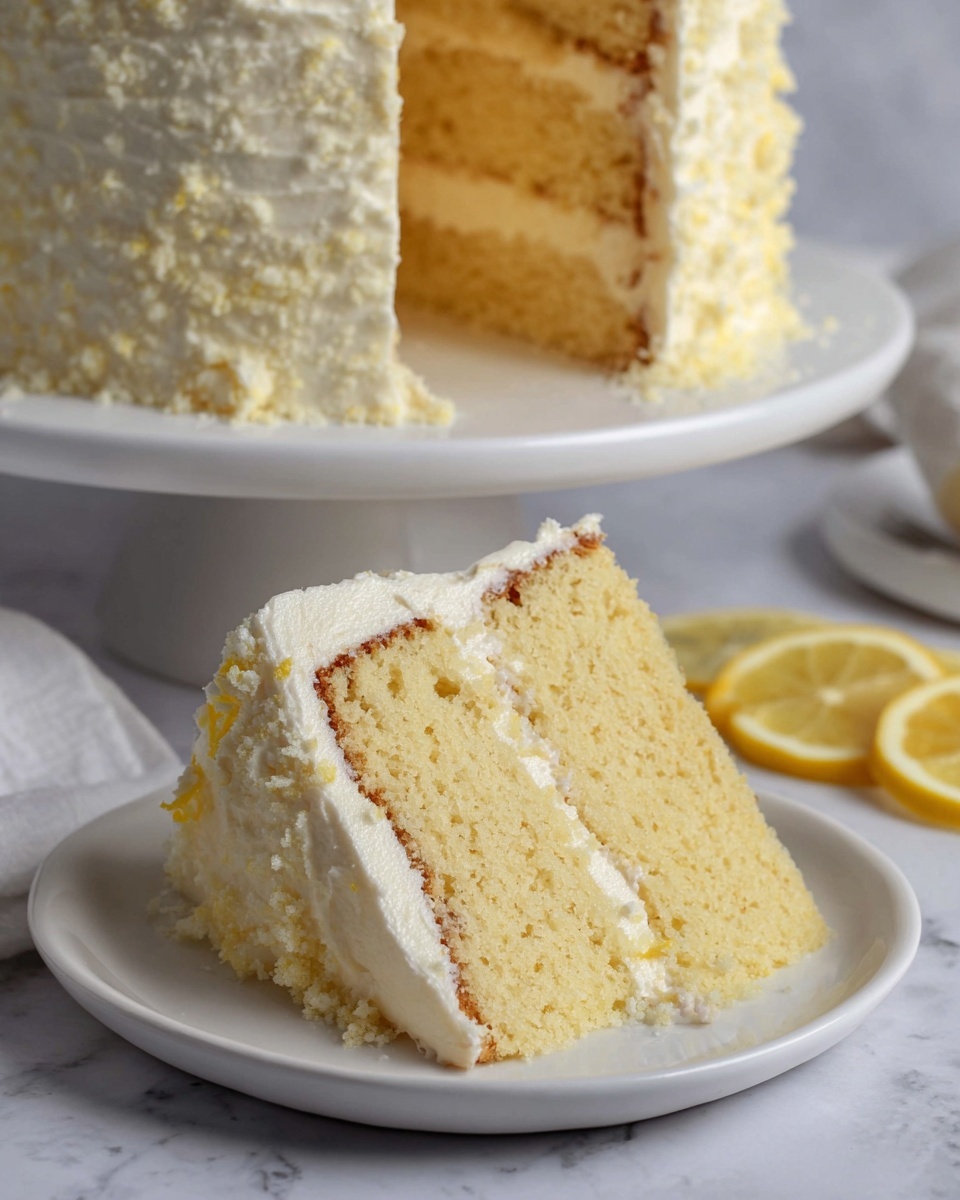 A slice of two-layer yellow cake sits on a white plate with a white marbled surface beneath it. The cake layers are light golden yellow with soft crumbs, separated by a thick white creamy frosting layer, which also covers the outside of the slice with a slightly crumbly texture. In the background, the rest of the cake is placed on a white cake stand, also covered in the same white frosting. To the right of the plate, thin lemon slices add a bright yellow accent to the scene. Photo taken with an iphone --ar 4:5 --v 7