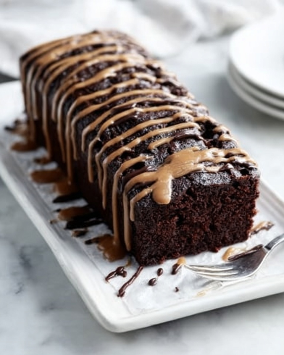 A rectangular dark chocolate loaf sits on a white rectangular plate with visible crumb texture on top. It is topped with two crisscrossed layers of drizzle: a thicker light brown sauce evenly spaced in vertical lines and a thinner dark chocolate drizzle laid in wavy horizontal lines. The plate is on a white marbled surface with a fork resting beside it on the right. The photo taken with an iphone --ar 4:5 --v 7