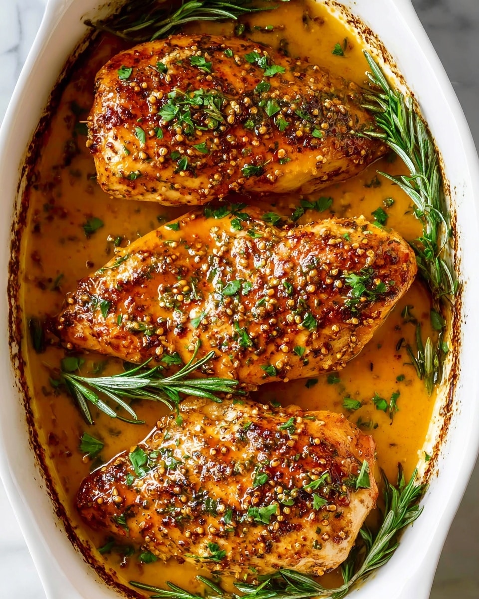 The image shows three golden-brown seasoned chicken pieces placed side by side inside a white oval dish, with visible coarse mustard seeds and herbs on top of each piece. The chicken breasts sit on a bed of fresh rosemary sprigs, with a glossy rich yellow-orange sauce surrounding them, pooling at the bottom. Fresh green parsley leaves are sprinkled evenly on top, adding a pop of color. The dish has some browned areas along the edges, showing where the sauce has thickened and cooked. The background is a white marbled texture. Photo taken with an iphone --ar 4:5 --v 7