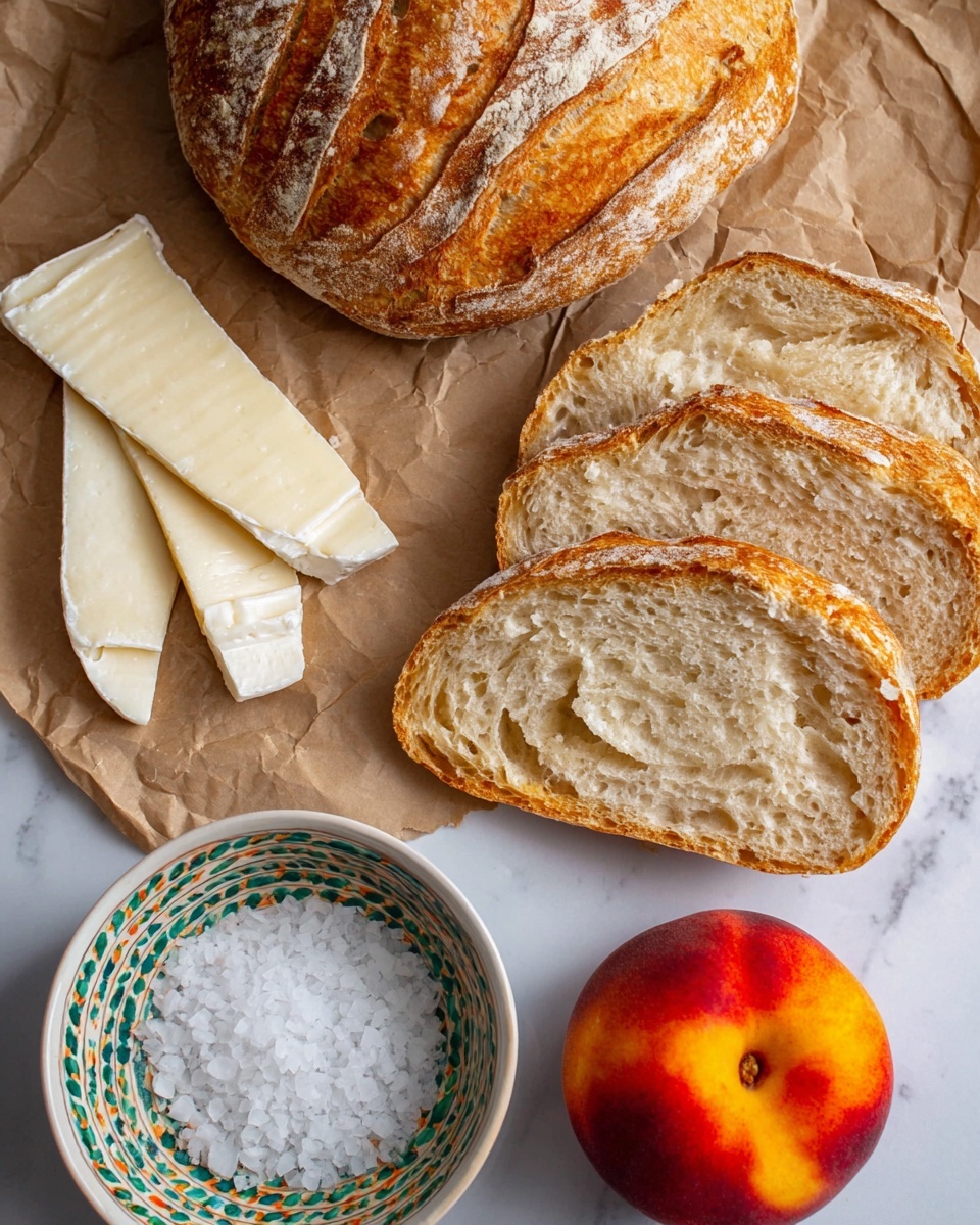 The image shows a sliced round loaf of light brown bread with a golden crust, placed on crumpled brown paper on a white marbled surface. To the left, there are three triangular slices of soft cheese with white rind and creamy yellow inside. Below the cheese is a whole ripe peach with a bright red and orange skin. On the bottom right, a small white bowl with green and orange patterns is filled with coarse white salt crystals. photo taken with an iphone --ar 4:5 --v 7