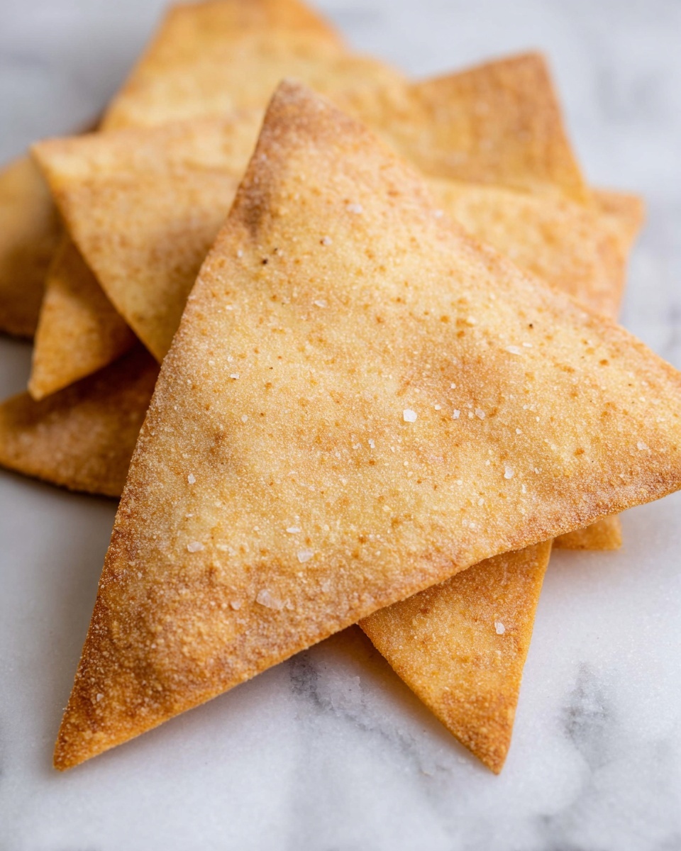 The image shows three large triangular chips stacked slightly over each other on a white marbled surface. Each chip has a light golden brown color with a rough, slightly grainy texture and some visible specks of seasoning or salt. The edges of the chips are crisp and evenly cooked, giving a crunchy look. The top chip is in clear focus, showing its fine details, while the other two are slightly blurred in the background. Photo taken with an iphone --ar 4:5 --v 7