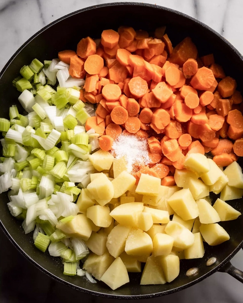 A black pan filled with a mix of chopped vegetables arranged in groups: bottom and left side have small pieces of light green celery and white onion; top left is a pile of bright orange carrot slices; top right is a group of pale yellow potato chunks. A small pile of white salt is sprinkled between the carrots and potatoes. The pan sits on a surface with a white marbled texture. photo taken with an iphone --ar 4:5 --v 7
