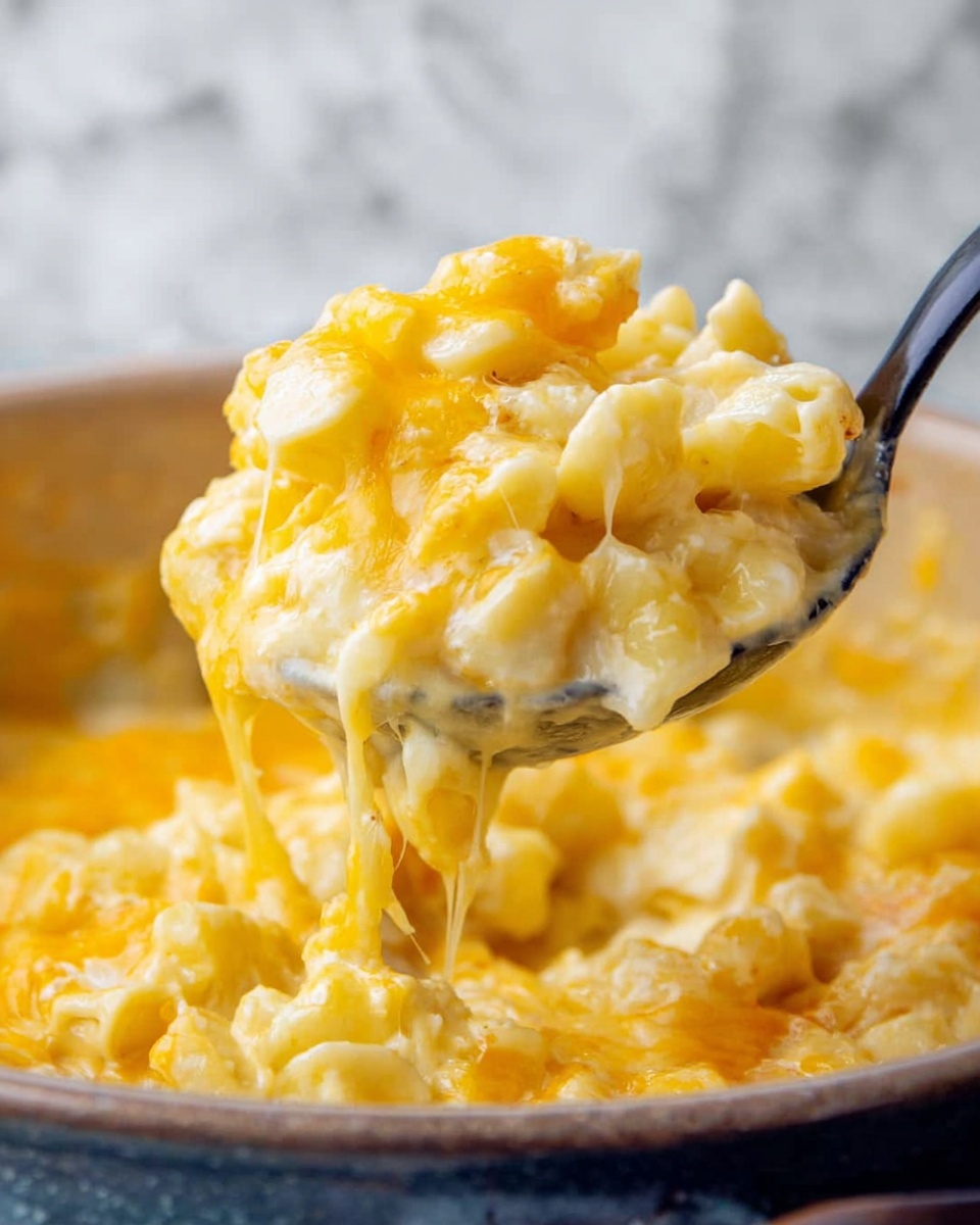 The image shows a close-up of a spoon holding a creamy dish of macaroni and cheese. The macaroni is covered in a thick layer of melted yellow and white cheese, which looks soft and smooth. The cheese is bubbling slightly and stretching a bit as the spoon lifts the pasta from a larger pot or pan in the background. The texture of the macaroni is soft with the sauce coating each piece gently. The background features a white marbled texture. photo taken with an iphone --ar 4:5 --v 7