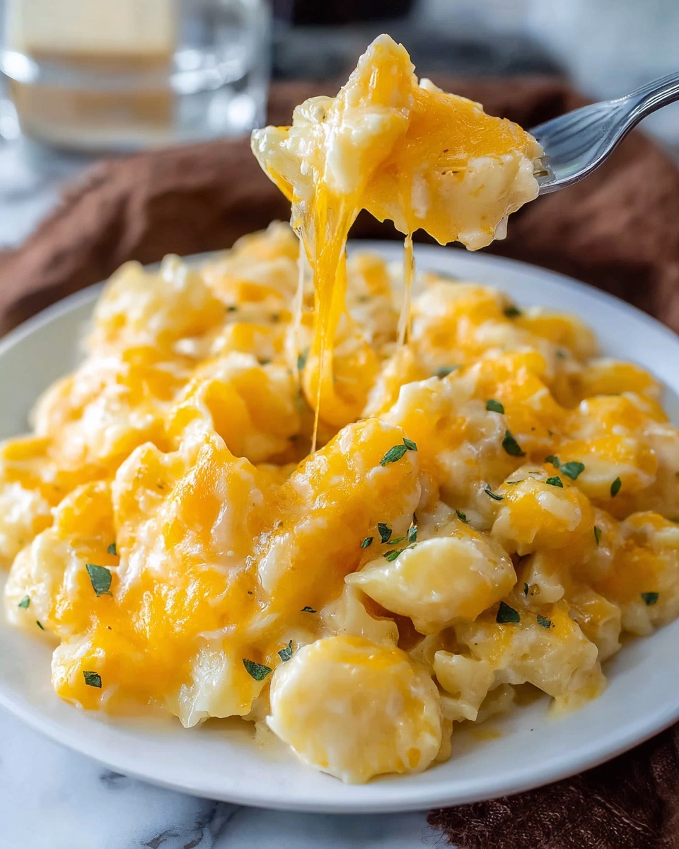 A close-up of a white plate filled with a creamy macaroni and cheese dish showing soft pasta covered in thick melted cheddar cheese that is bright orange-yellow and stringy as a fork lifts a portion. The macaroni pasta pieces are coated in cheese sauce, some with a light, slightly bubbly texture while others look smooth and creamy. Small bits of green herbs are sprinkled lightly on top, adding contrast to the warm yellow and pale cream colors of the pasta and cheese. The dish sits on a white marbled surface with part of a glass and a brown cloth visible in the blurry background. Photo taken with an iphone --ar 4:5 --v 7