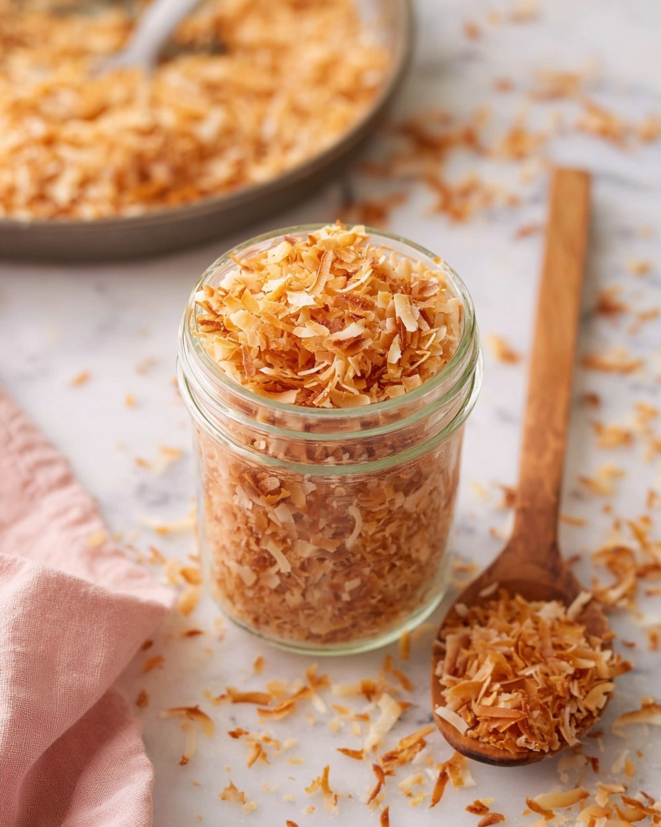 A clear glass jar filled to the brim with golden brown toasted coconut flakes, showing a mix of light and darker toasted shades creating a textured, slightly curly pile. Loose toasted flakes are scattered around the jar on a white marbled surface. In the background, there is a shallow metal pan filled with more toasted coconut flakes, and a wooden spoon resting inside it. A hint of a light pink cloth is visible on the lower left corner. The image has soft natural lighting, emphasizing the texture and warm color of the coconut flakes photo taken with an iphone --ar 4:5 --v 7