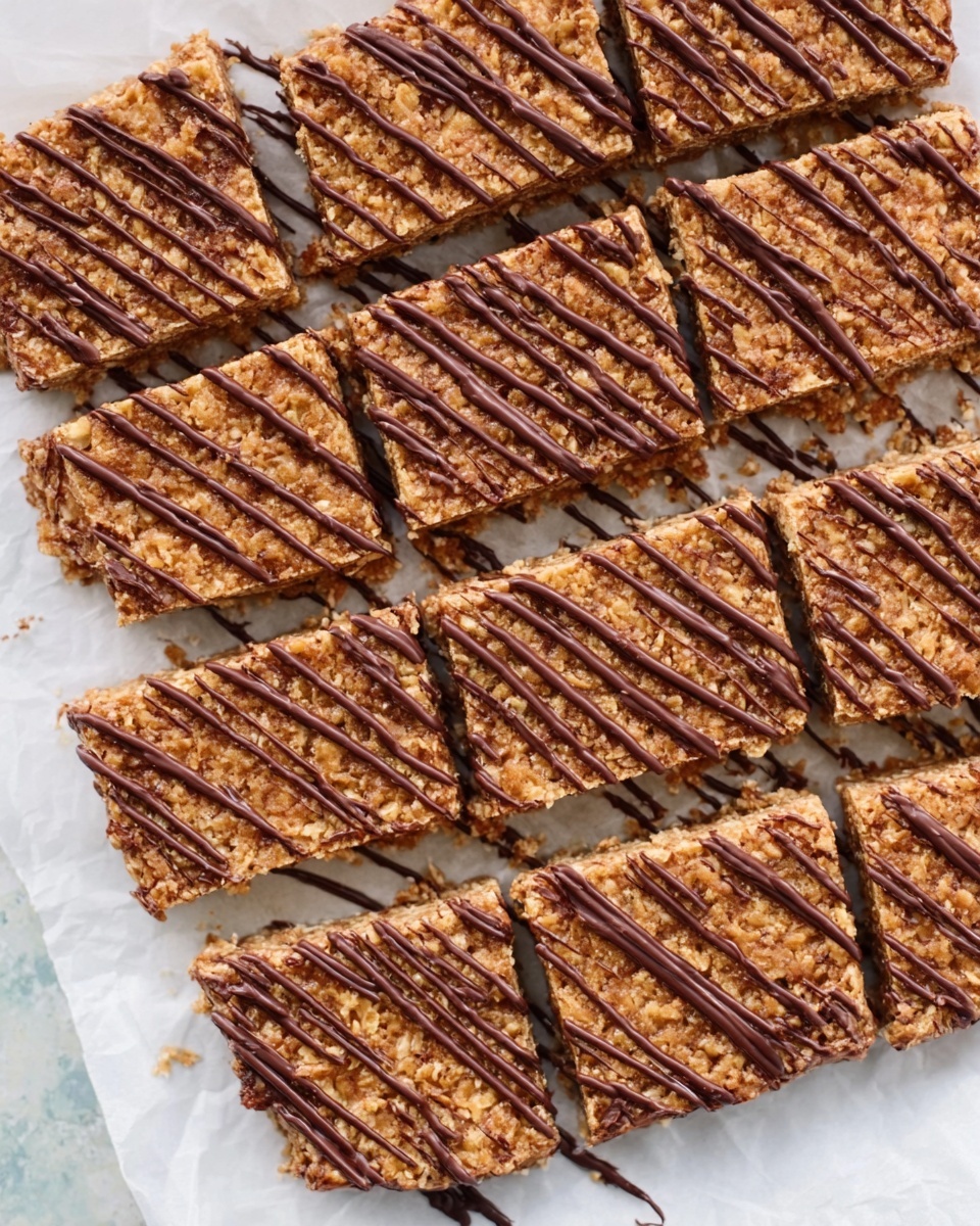 The image shows a tray of cereal bars arranged in neat rows on a white marbled surface. Each bar has a crumbly texture made mostly of cereal and nuts, with a golden brown color. On top of each bar, there are even stripes of dark chocolate drizzled diagonally from one corner to the other. The bars are cut straight but still connected, showing a thick layer of the crunchy cereal mix. Photo taken with an iphone --ar 4:5 --v 7