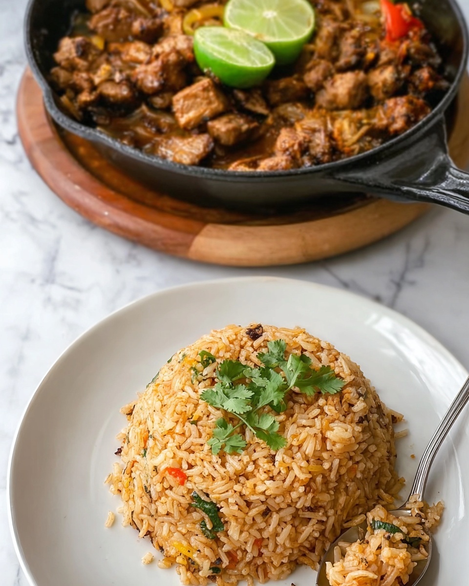 The image shows a white plate with a dome-shaped mound of light brown fried rice garnished with bright green cilantro leaves on top. The rice has a slightly mixed texture with small bits of vegetables or spices visible. Next to the rice is a silver spoon with some rice on it. Behind the plate, there is a black cast iron skillet resting on a wooden trivet, filled with pieces of cooked meat and vegetables mixed in a brown sauce. The skillet contains two halves of a green citrus fruit placed on top of the meat mixture. The scene is set on a white marbled surface. Photo taken with an iphone --ar 4:5 --v 7