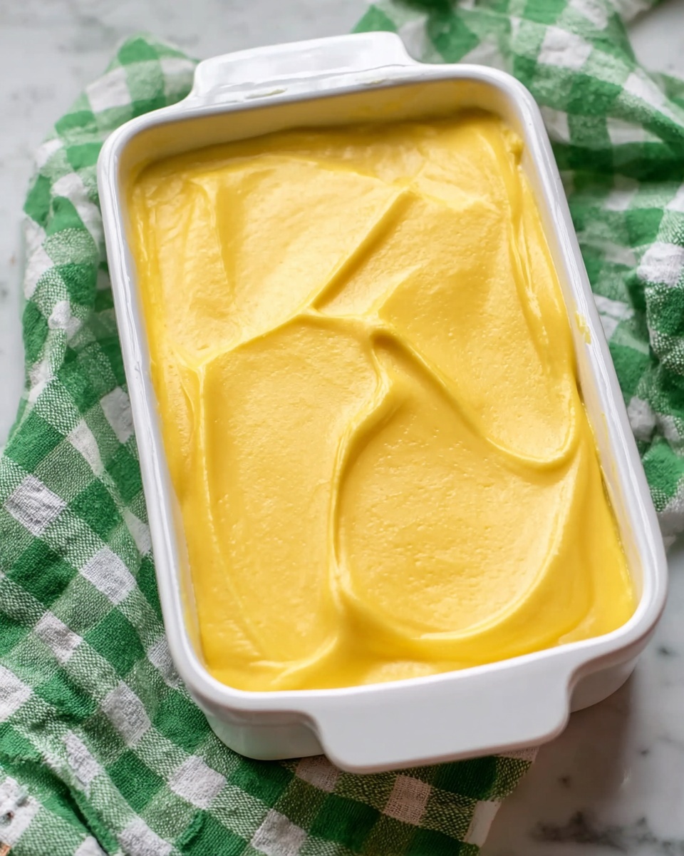 A white rectangular dish filled with a smooth and creamy bright yellow layer, spread evenly with soft swirls and slight peaks visible on the top surface. The dish is placed on a white marbled textured surface with a green and white checkered cloth partially underneath. The texture of the yellow layer looks soft and thick, covering the entire dish without any other layers visible. Photo taken with an iphone --ar 4:5 --v 7