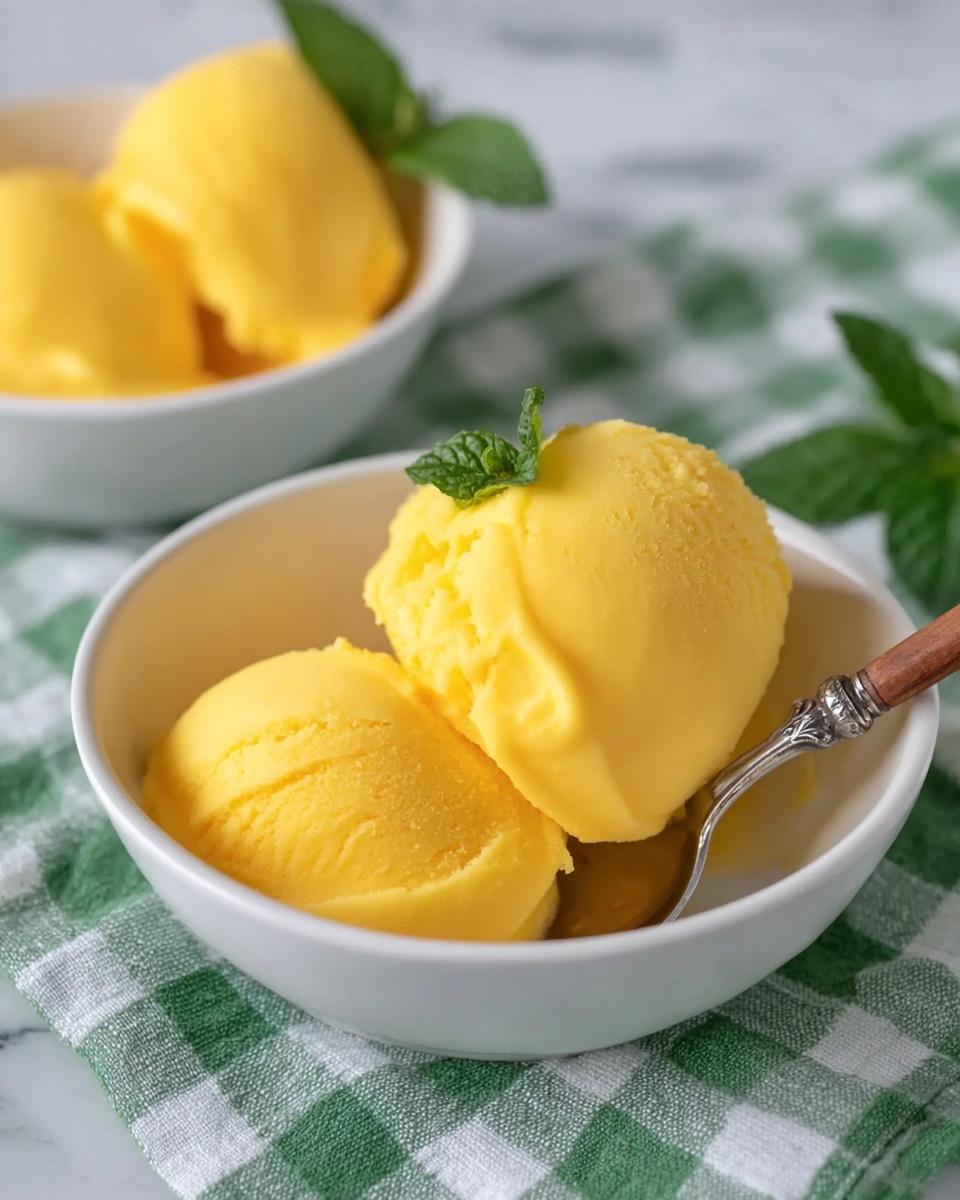 Two scoops of bright yellow sorbet sit inside a white bowl on a green and white checkered cloth. The sorbet looks smooth with soft edges and is slightly melting. There is a small silver spoon with a wooden handle resting inside the bowl, near the sorbet. A small green mint leaf garnish sits next to the sorbet adding a fresh touch. Another white bowl with the same sorbet is seen blurred in the background. The surface under the cloth is white with a soft marbled texture. photo taken with an iphone --ar 4:5 --v 7