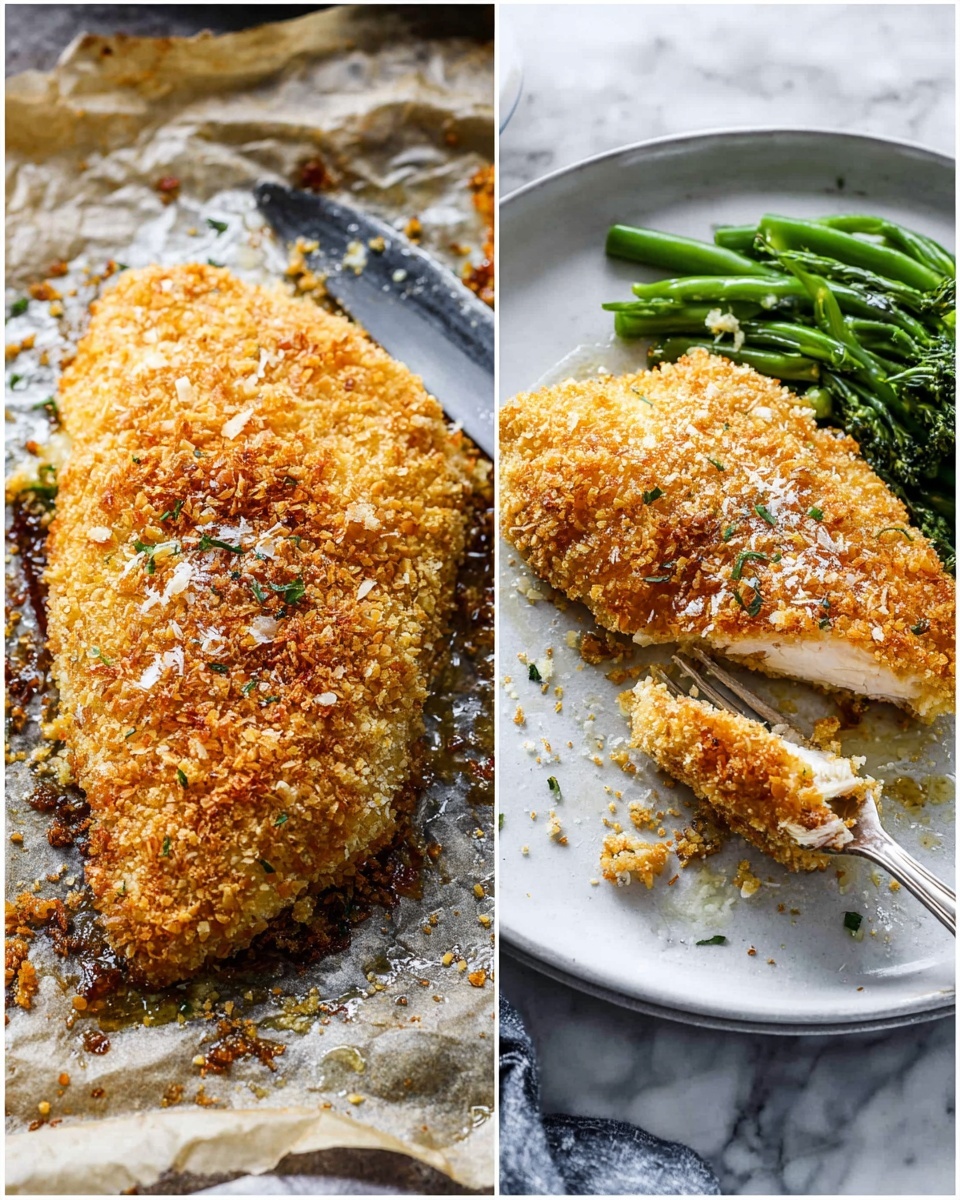 The image shows a food item with two views side by side. On the left, a single large piece of golden brown breaded food lies flat on crumpled parchment paper, surrounded by small crispy crumbs and some oil glistening on the surface. The texture looks crunchy and uneven, with finely crushed crumbs covering the entire piece. On the right, the same kind of breaded piece is served on a white plate with some steamed green vegetables next to it. The piece is being cut with a knife while a fork holds it in place, and there are some flakes sprinkled on top. The colors are warm golden tones contrasted with bright green. The surface under the plate is a white marbled texture. photo taken with an iphone --ar 4:5 --v 7