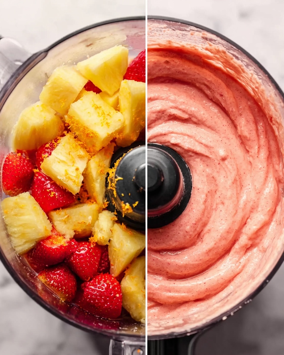 The image shows two close-up views of a food processor on a white marbled surface. On the left, the food processor bowl is filled with bright yellow pineapple chunks and red strawberry pieces, topped with small flecks of orange zest, all clearly layered in the transparent bowl around the black blade in the center. On the right, the same food processor bowl now contains a smooth pink mixture with a creamy texture, swirling around the black center blade, showing the blended result of the fruit. photo taken with an iphone --ar 4:5 --v 7