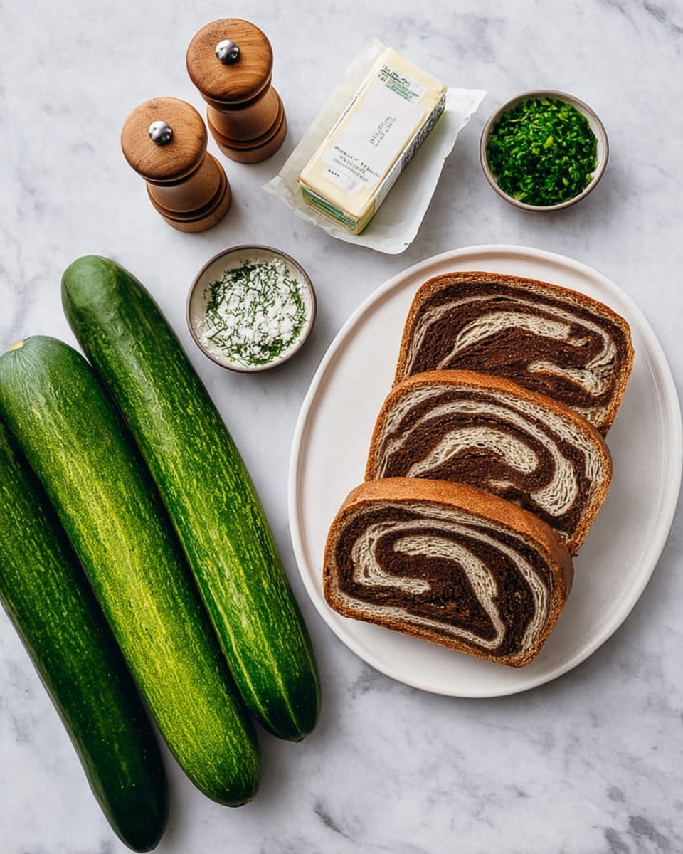 The image shows three long green cucumbers placed on a white marbled surface, next to a white plate holding five slices of a swirled brown and light tan bread. Above the cucumbers and bread are two wooden-topped salt and pepper shakers, a small rectangular package of butter wrapped in foil, and three small round bowls filled with finely chopped green herbs and white grated cheese. The overall scene features fresh, natural colors and crisp textures, arranged neatly on the white marbled surface. photo taken with an iphone --ar 4:5 --v 7