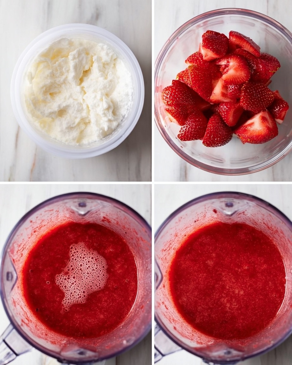 The image shows a process of blending strawberries into a smooth sauce. In the top left, there is a container with a thick, white creamy mixture with a slightly fluffy texture. The top right section shows whole, cut strawberries in a clear blender bowl. The bottom left section shows the blender bowl filled with a freshly pureed red strawberry mixture with small bubbles on the surface. The bottom right section shows the pureed strawberry sauce now settled, appearing smoother and thicker with a deeper red color. All items are placed on a white marbled surface. Photo taken with an iphone --ar 4:5 --v 7