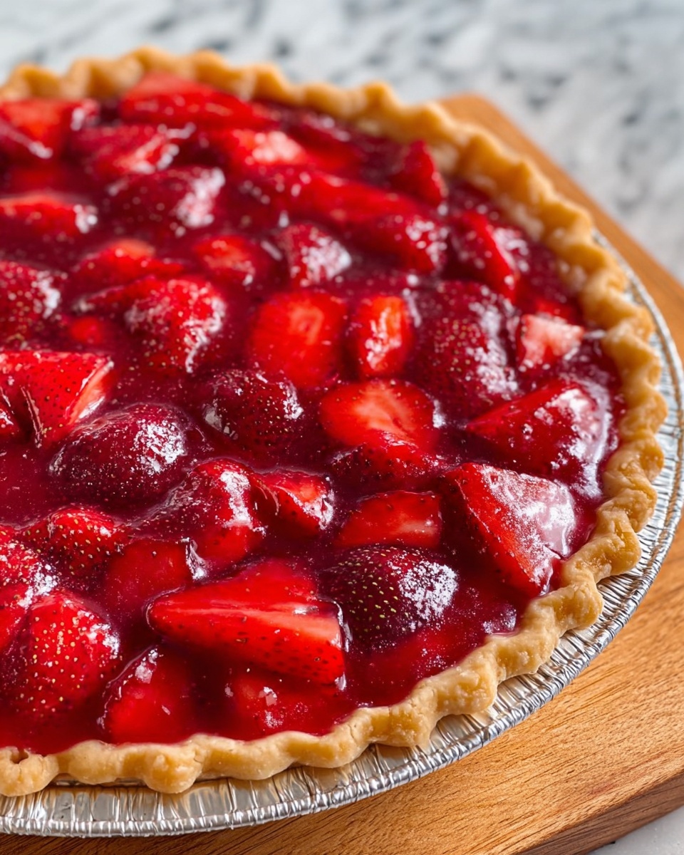 A round pie with three visible layers sits on a white marbled surface. The bottom layer is a golden brown crust with a scalloped edge that adds texture around the pie's border. Above the crust is a thick, bright red layer made of sliced strawberries that look juicy and fresh. The top layer is a shiny red gel that covers the strawberries, giving the pie a smooth, glossy finish with some small bubbles and glistening spots showing the fruit underneath. The pie is in a silver foil pan on a wooden board. photo taken with an iphone --ar 4:5 --v 7