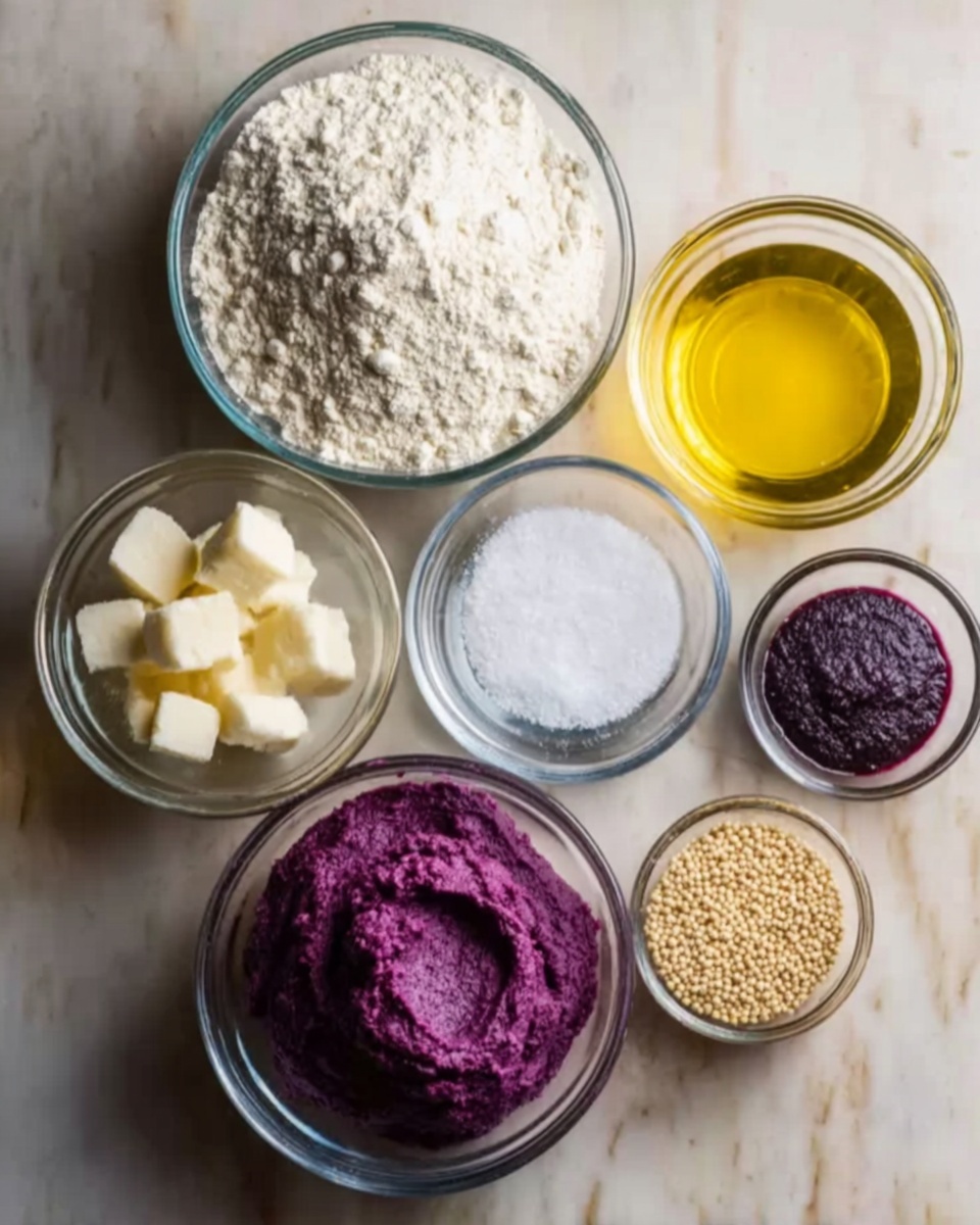 The image shows seven clear glass bowls placed close together on a white marbled surface. Starting from the top left, a large bowl is filled with white flour, next to it on the top right is a bowl containing white granulated sugar. Below the flour bowl is a small bowl with yellow cooking oil. In the center is a medium bowl filled with a smooth, mashed purple mixture. Below the sugar bowl and slightly toward the lower right is a medium bowl with clear water. On the bottom left is a small bowl filled with small white cubes, likely cheese or butter. Near the center bottom, next to the cubes, is a smaller bowl with a thick dark purple paste. Finally, at the bottom right edge is a small bowl filled with small beige seeds or grains. photo taken with an iphone --ar 4:5 --v 7