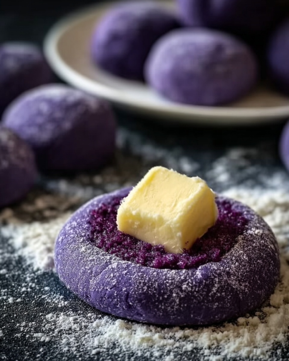 The image shows a close-up of a small purple dough circle with a textured purple filling in the center topped with a cube of pale yellow butter. The dough is placed on a dark surface dusted with white flour. In the background, there are several round purple dough balls and a white plate with more pieces of dough, all slightly out of focus. The lighting highlights the dough’s smooth texture and the contrast between the deep purple and pale yellow butter. Photo taken with an iphone --ar 4:5 --v 7