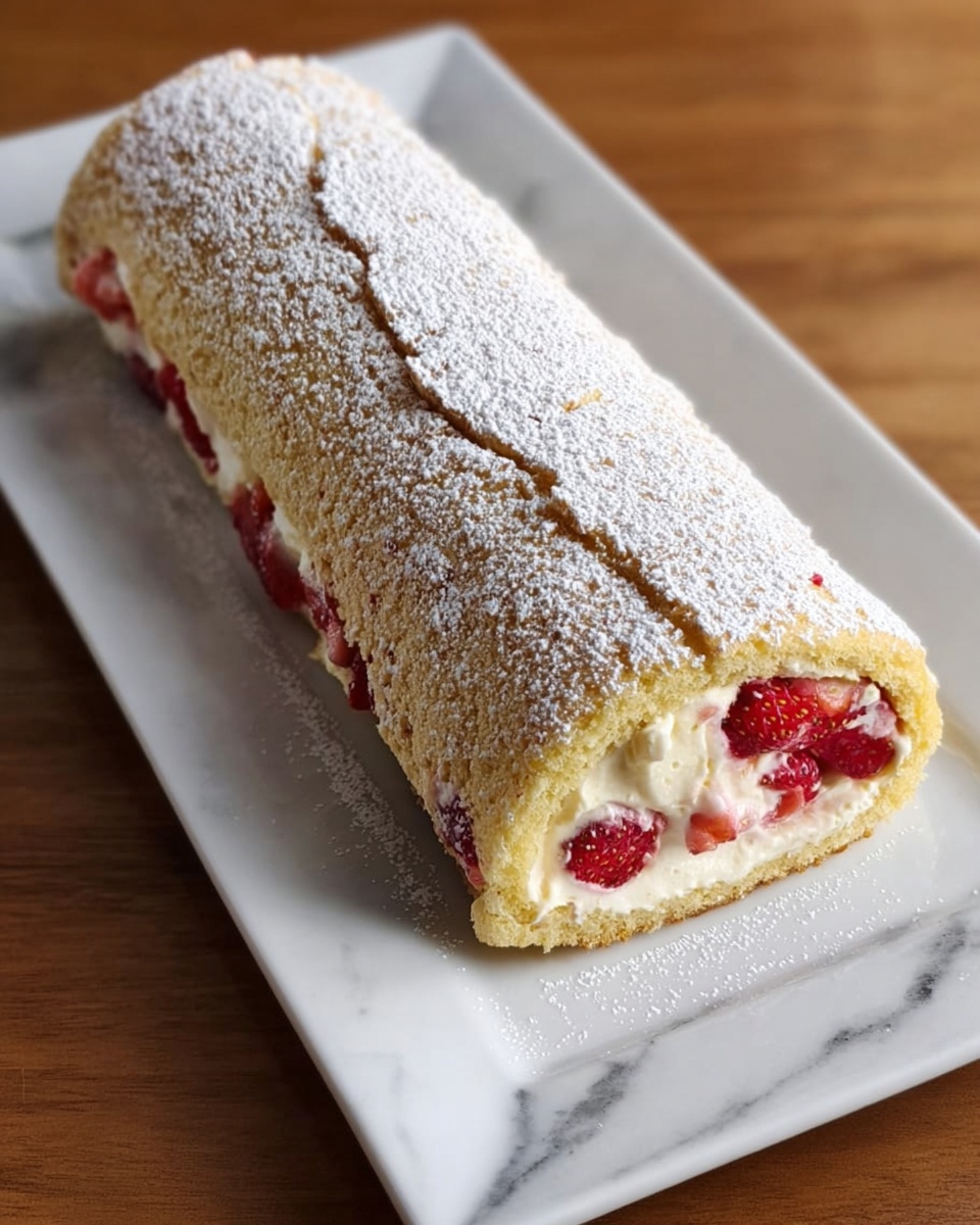 A long, rolled cake rests on a white rectangular plate placed on a white marbled surface. The cake has a light brown, slightly textured outer layer dusted with powdered sugar, giving it a soft, powdery look. Inside, visible at one end, are small pieces of bright red strawberries and a thick layer of pale cream filling. The roll has a slight crack along the top, showing a delicate, airy sponge cake texture underneath the powdered sugar. photo taken with an iphone --ar 4:5 --v 7