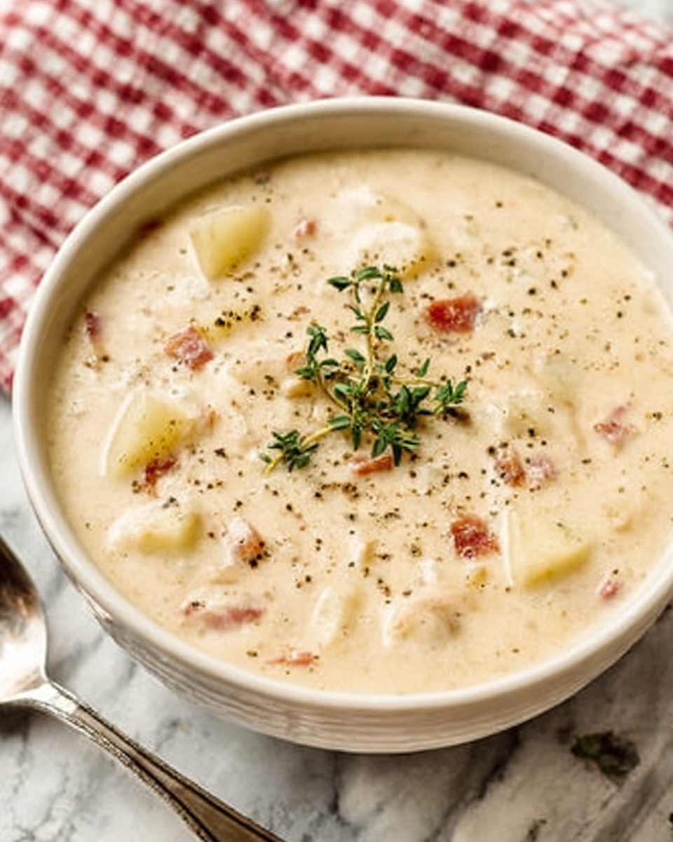 The image shows a white bowl filled with creamy thick soup. The soup has a light beige color with small chunks of potatoes and bits of bacon visible in it. There is a sprig of fresh green thyme placed on top in the center. Black pepper is sprinkled over the surface. The bowl is on a white marbled surface, and a metal spoon lies to the left. Part of a red and white checkered cloth is visible behind the bowl. Photo taken with an iphone --ar 4:5 --v 7