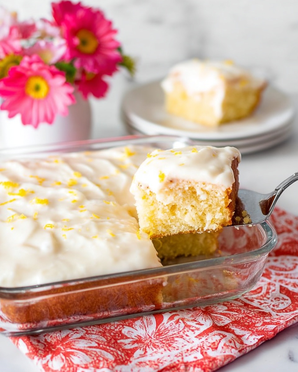 A clear glass baking dish holds a multi-layered cake with a golden brown bottom layer and a thick, light yellow cake layer above it, all topped with a creamy white icing mixed with small bits of yellow zest. A piece of cake is being lifted out with a spatula, showing the soft and moist texture inside, and a white plate with the same cake in the background. Bright pink and light pink flowers add color to the white marbled surface beneath, along with a red and white patterned cloth nearby. photo taken with an iphone --ar 4:5 --v 7