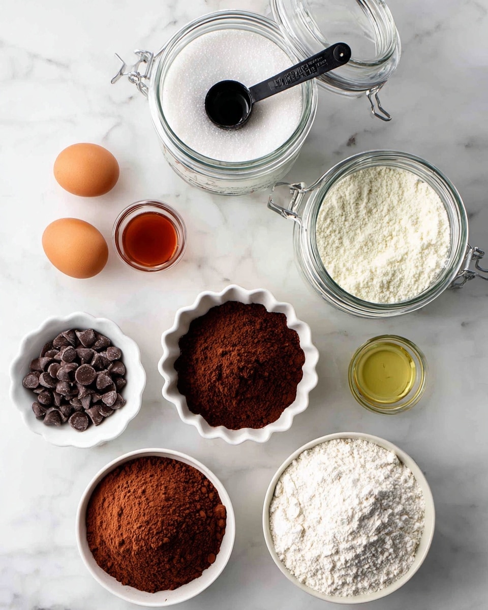 The image shows cooking ingredients placed on a white marbled surface. At the top center is a clear glass jar filled with white granulated sugar, with a black measuring cup inside. To its right is another clear glass jar, this one filled with white powdered sugar, also holding a black measuring cup. Below, there is a small white scalloped bowl filled with dark chocolate chips. To the left, two brown eggs rest side by side. Next to the eggs, a small white bowl holds a reddish-brown liquid, likely vanilla extract. Centered below the sugar jars, a white bowl contains dark brown cocoa powder with a round texture in the middle. To the right, a white spouted bowl is filled with white flour. Finally, at the bottom center, a small clear glass bowl holds a light yellow liquid, probably oil. photo taken with an iphone --ar 4:5 --v 7