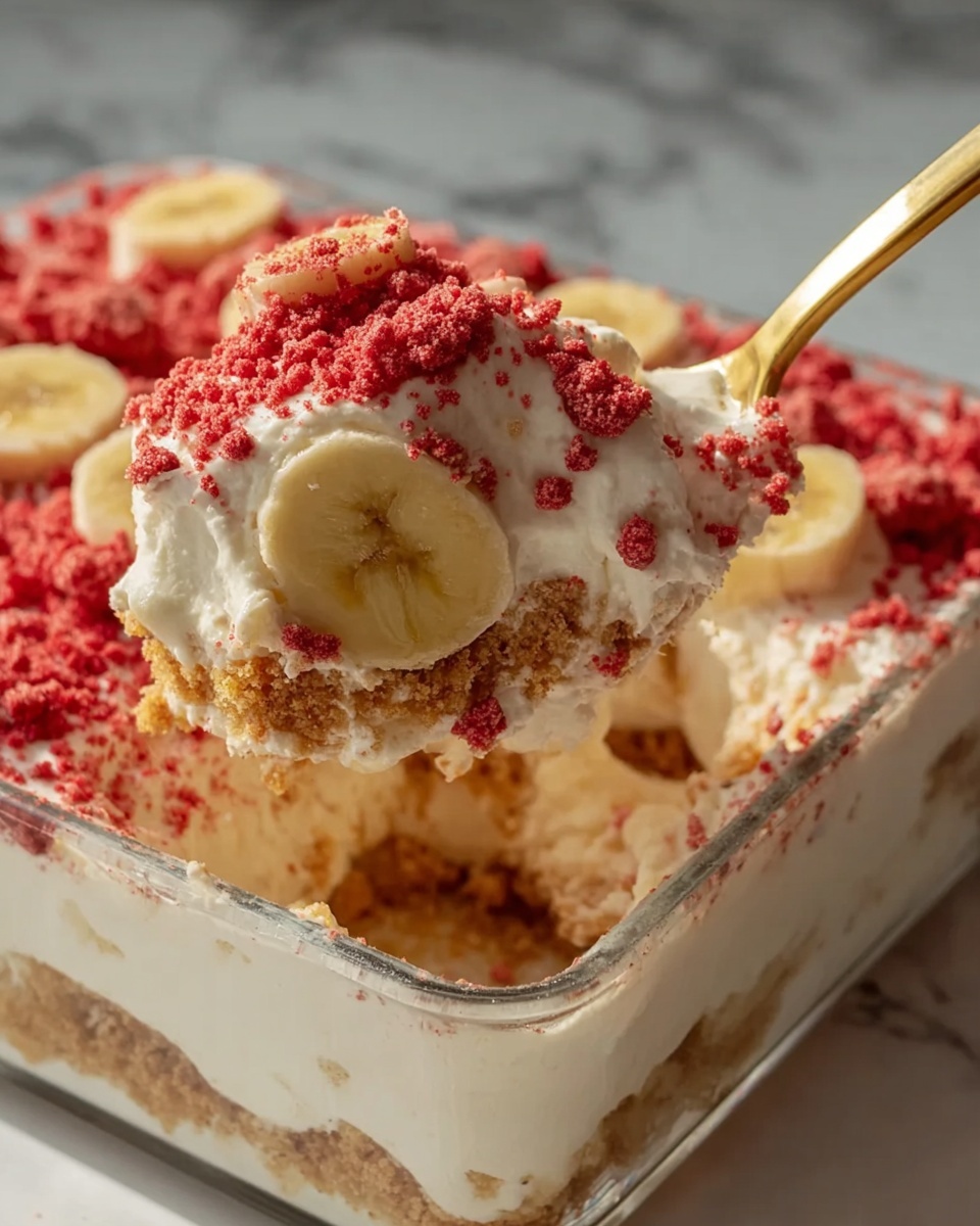 A close-up view of a glass dish filled with a creamy layered dessert showing off three main layers: the bottom layer is a light brown crumbly texture, the middle layer is thick white cream mixed with banana slices, and the top layer is a smooth white cream covered with crushed red crumbs and banana slices. A white spoon with a golden handle holds a scoop of the dessert, where the creamy white layers stretch slightly, and crushed red crumbs cling to the cream on the spoon's surface. The background shows a white marbled texture, with soft light making the dessert look fresh and tasty. photo taken with an iphone --ar 4:5 --v 7