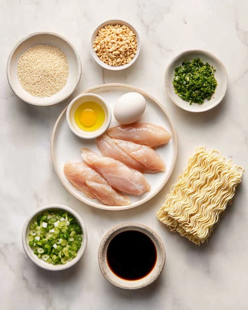 The image shows a white round plate in the center holding four raw chicken strips arranged side by side, a raw egg, and a small bowl of yellow olive oil placed above the plate. Surrounding the plate on a white marbled surface are various small bowls and items: at the top right, a white bowl filled with light green chopped herbs, and a stack of two uncooked ramen noodle blocks to the right of the main plate. At the bottom left, a white round bowl contains chopped green onions, while directly below the plate is a white bowl with a dark soy sauce. Above the plate and slightly to the left is a small bowl with beige crushed nuts or seeds. The colors include pale pink chicken, bright green herbs, yellow oil, and dark brown soy sauce on a clean, white marbled background. Photo taken with an iphone --ar 4:5 --v 7