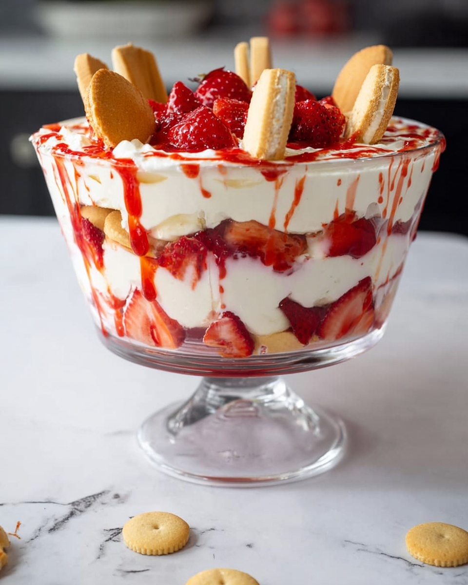 The dessert is layered in a clear glass bowl with three main layers. The bottom layer shows whole strawberries with their vibrant red color pressed against smooth white cream and small round vanilla cookies beneath. The middle layer is thick white cream mixed with sliced strawberries and streaks of bright red strawberry syrup dripping down inside the bowl. The top layer is a thick white cream with a few vanilla cookies standing upright around the edge, and red syrup drizzled over the cream and cookies. The bowl sits on a white marbled surface with some loose vanilla cookies scattered nearby. Photo taken with an iphone --ar 4:5 --v 7