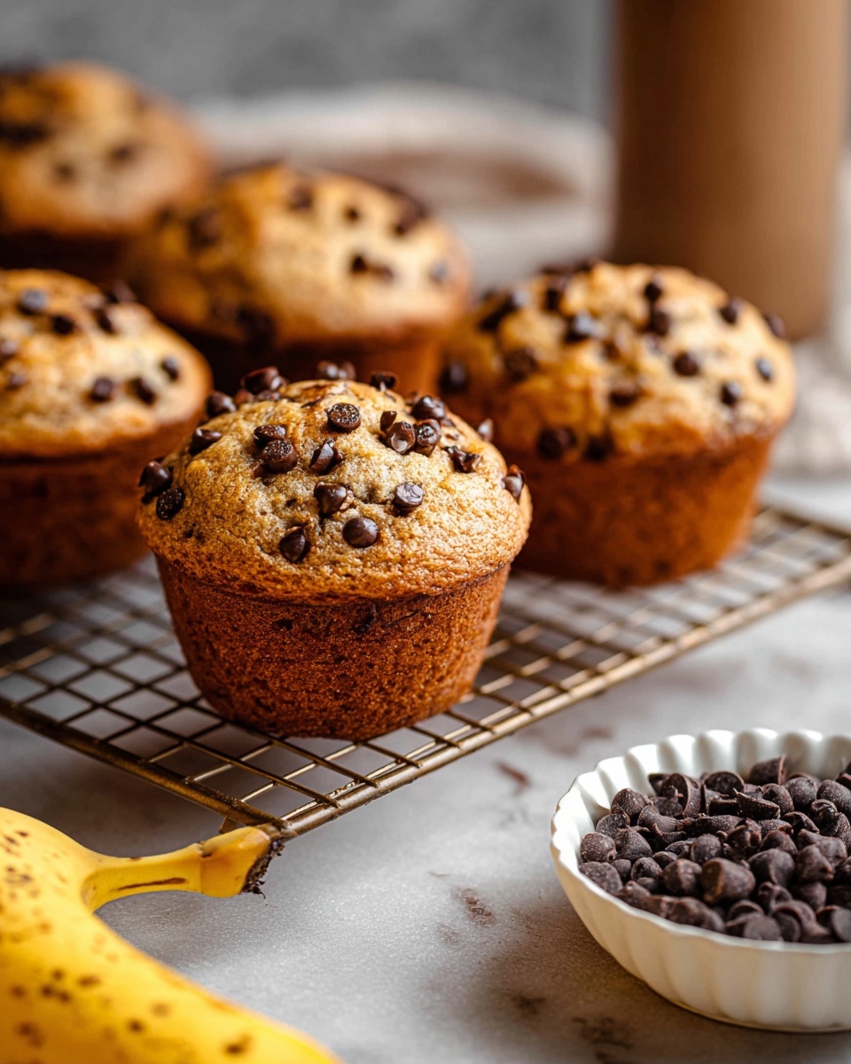 Several thick muffins with a golden brown top covered with many small, dark brown chocolate chips sit on a metal cooling rack. In the front, a white scalloped bowl is filled with dark chocolate chips. A yellow, slightly speckled banana lies on the white marbled surface next to the rack. The background has a soft focus with more muffins and a blurred bottle. The scene uses warm lighting. Photo taken with an iphone --ar 4:5 --v 7