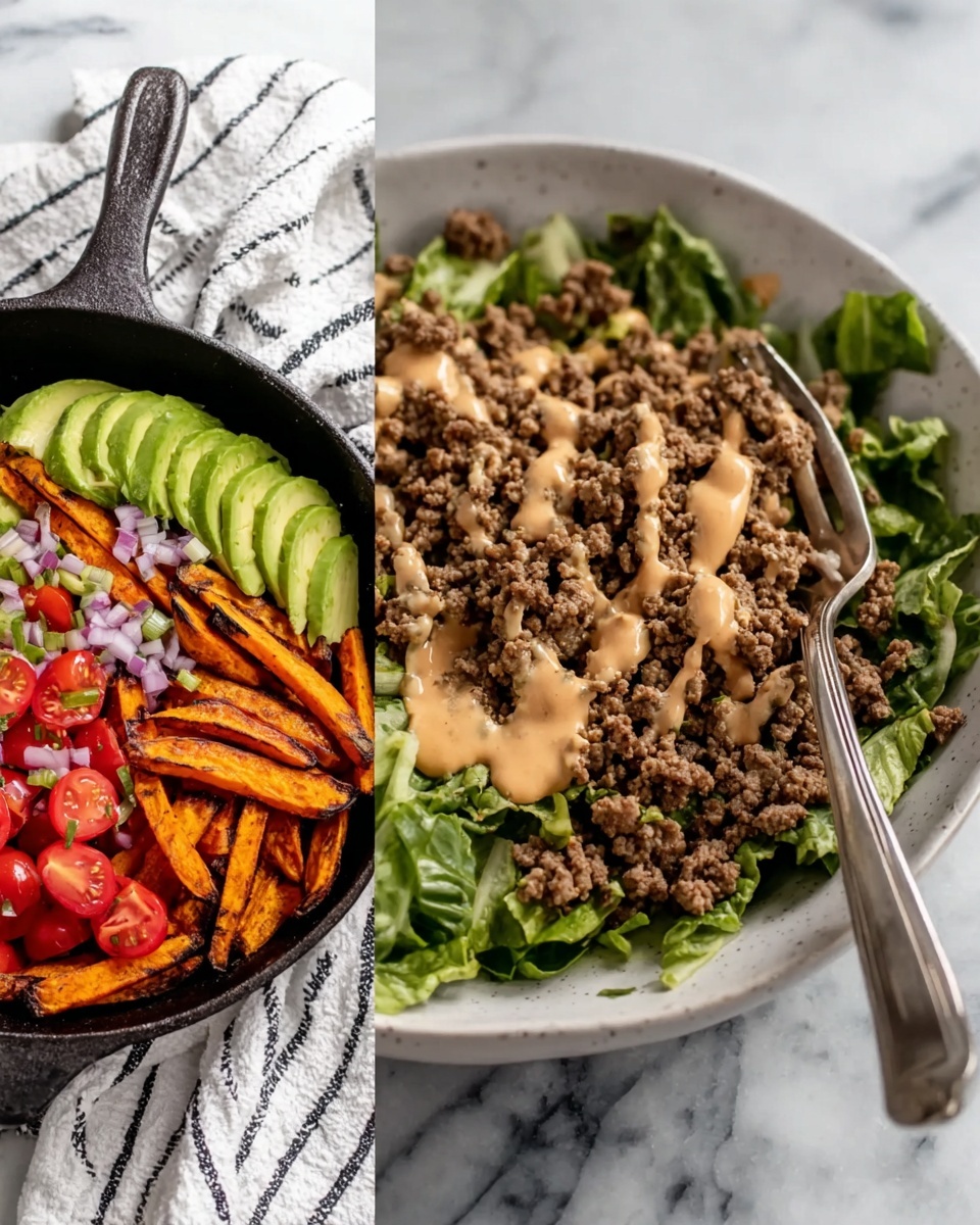 A white bowl filled with a layered dish starting with a base of green leafy lettuce, topped with brown cooked ground beef, red cherry tomato halves, light green avocado slices arranged neatly on one side, small diced light green pickles, and finely chopped light purple onions scattered across. On top, there are golden brown sweet potato fries laid over the ingredients, drizzled with a creamy light orange sauce. A silver fork rests inside the bowl, which sits on a white marbled surface with some white and black striped cloth underneath. Photo taken with an iphone --ar 4:5 --v 7