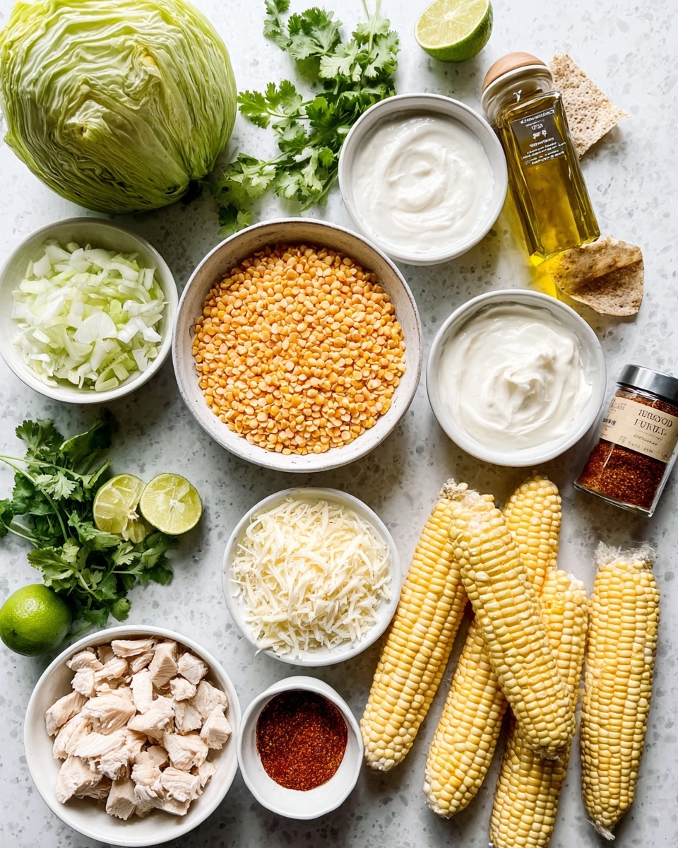 The image shows an overhead view of various fresh ingredients arranged neatly on a white marbled surface. In the center, there is a round white bowl filled with yellowish split lentils. Surrounding it are small white bowls: one with white shredded cheese, another with sour cream, one with red chili powder, and a small one with salt. On the left side, three white bowls hold chopped cooked chicken pieces, chopped onion, and some sliced green cabbage. Fresh green lime and coriander leaves are placed nearby. Four gaps of fresh corn on the cob are positioned along the right edge. A clear bottle of olive oil, a small jar of seasoning, and a packet of tortillas are also included in the neat spread. A woman's hand slightly touches the cabbage at the top left of the image. The lighting is soft and natural. photo taken with an iphone --ar 4:5 --v 7