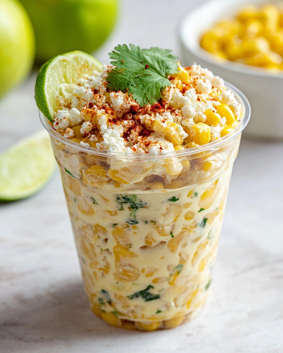 The image shows a clear plastic cup filled with a layered corn dish. The bottom layer is creamy and light orange with small green bits visible. Above this is a thick layer of bright yellow corn kernels, topped with crumbled white cheese scattered unevenly. On top, there is a sprinkling of reddish chili powder for contrast. A wedge of green lime is placed as a garnish on the rim of the cup. The background is a white marbled surface with blurred spots, and the focus is sharp on the front cup. photo taken with an iphone --ar 4:5 --v 7