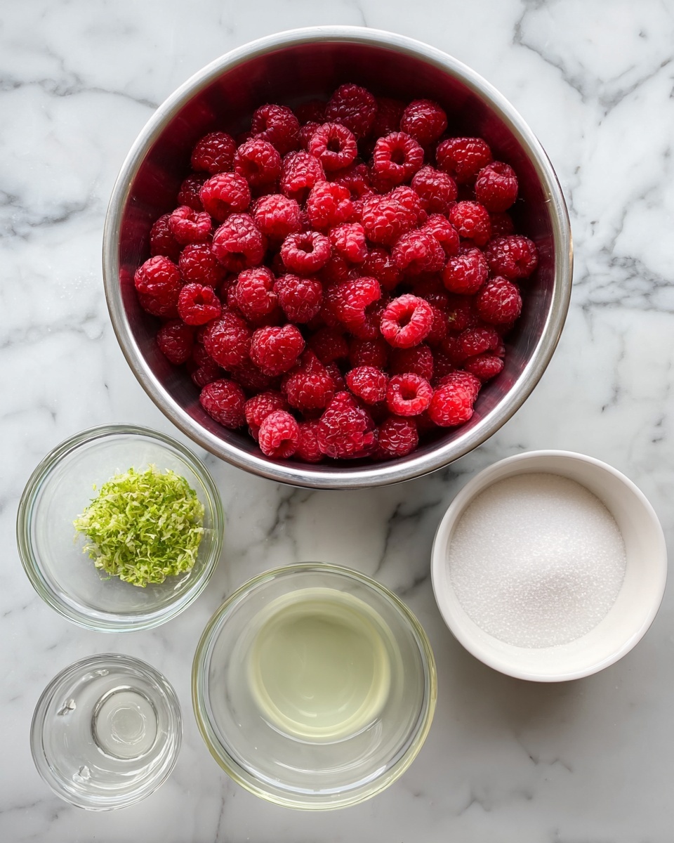 A top view of ingredients arranged on a white marbled surface, including a large metal bowl filled with bright red raspberries at the center, a white bowl filled with white granulated sugar on the right, and a white bowl with clear water on the left. In front of these are three small glass bowls, from left to right holding green lime zest, a small amount of clear liquid, and pale yellow lime juice. The colors are vibrant, with the red raspberries standing out against the neutral background. photo taken with an iphone --ar 4:5 --v 7
