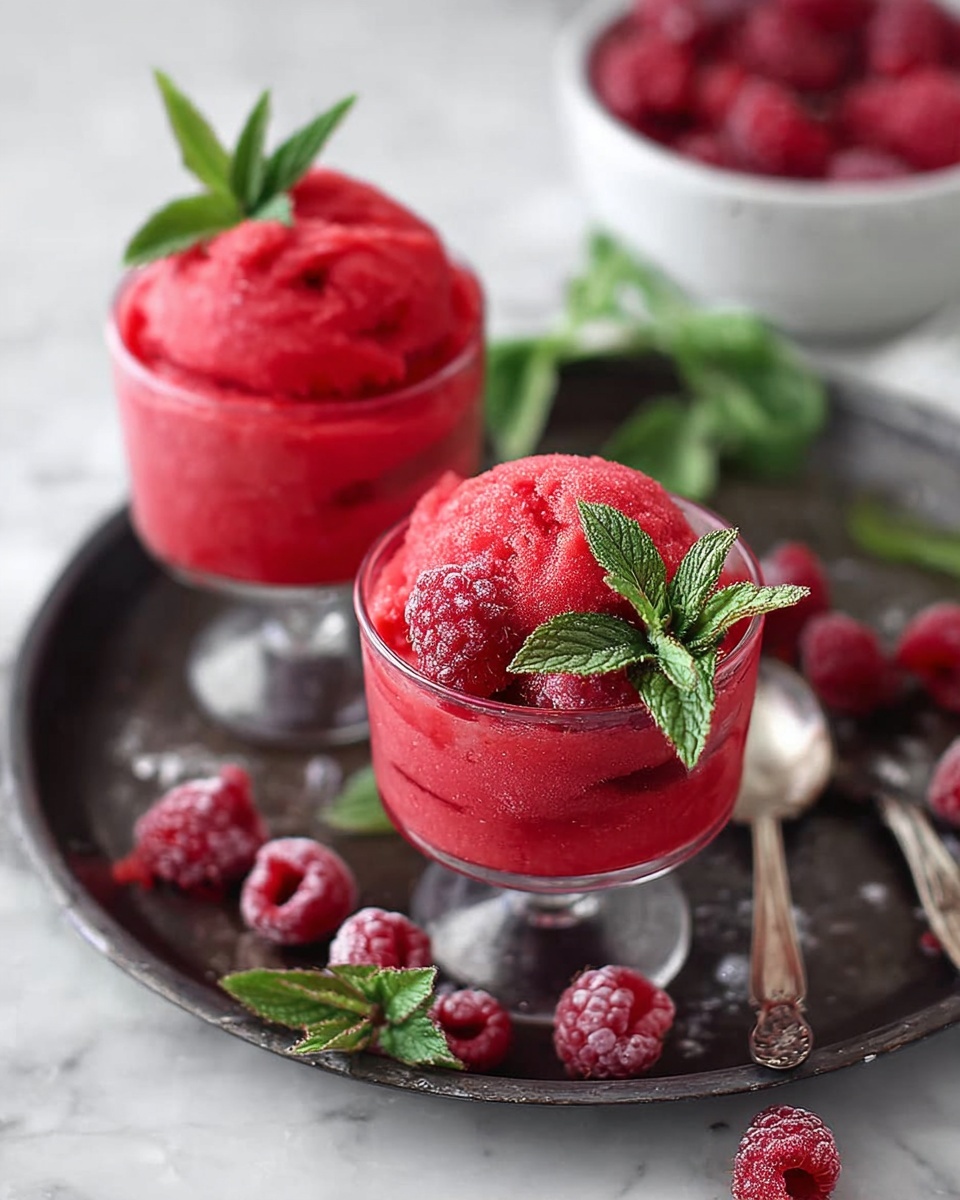 Three clear glasses filled with bright pink-red raspberry sorbet sit on a round metal tray, each topped with a small green mint leaf and a fresh raspberry. The sorbet is smooth and piled high above the rim of the glasses, showing a soft texture. Scattered around the tray are some loose raspberries and green mint leaves. To the side, on a white marbled surface, there is a white bowl filled with more raspberries and mint leaves. A silver spoon rests on the tray beside the front glass, catching some light. The scene has a fresh and cool feeling with soft natural lighting. photo taken with an iphone --ar 4:5 --v 7