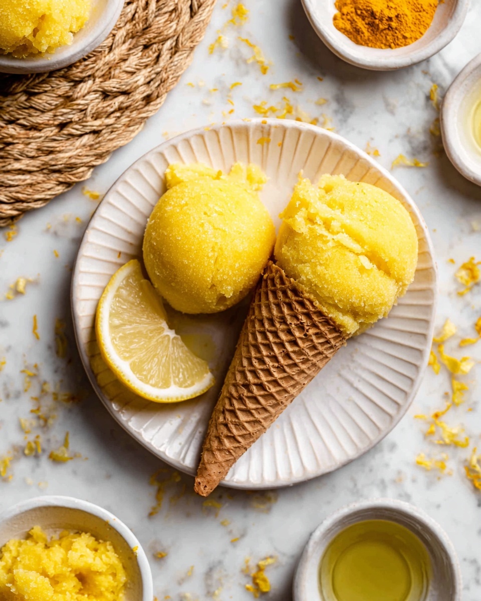 The image shows two scoops of bright yellow lemon sorbet with a grainy, icy texture, one placed inside a light brown waffle cone and the other resting on a white plate with subtle ridged edging, alongside a fresh lemon wedge positioned near the base of the cone. The plate sits on a woven mat over a white marbled surface with scattered lemon zest and crumbs around it. Around the plate, small white bowls contain ground turmeric powder and olive oil, adding warm yellow and green accents to the scene. Photo taken with an iphone --ar 4:5 --v 7