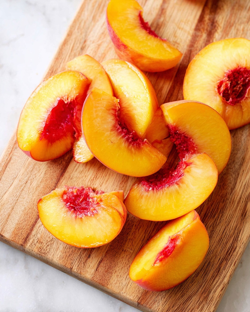The image shows several bright orange-yellow peach slices with red highlights near the center. The peach slices are spread out randomly on a wooden cutting board with a natural light and dark wood grain. The texture of the peach slices looks juicy and soft, and the pieces vary slightly in size and shape. The wooden cutting board rests on a white marbled surface. photo taken with an iphone --ar 4:5 --v 7