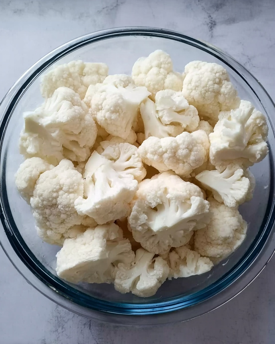 A clear glass bowl is filled with large pieces of raw white cauliflower. The cauliflower pieces are uneven in size and sit close together, filling the bowl almost to the top. The bowl is placed on a white marbled surface, which contrasts with the dark inner edge of the bowl. The cauliflower looks fresh and firm, with a natural texture showing small bumps and soft curves on each piece. The scene is simple and clean, focusing on the natural shape and color of the cauliflower photo taken with an iphone --ar 4:5 --v 7