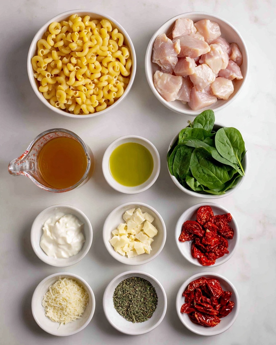 A top view of various ingredients placed neatly on a white marbled surface; at the top left is a white bowl filled with uncooked yellow macaroni pasta, next to it on the right is a white bowl with raw pale pink chicken pieces; below the pasta is a clear glass measuring cup filled with light brown broth; next to it in the middle is a small white bowl with light green olive oil; to its right is a white bowl filled with fresh bright green spinach leaves; below these are four smaller white bowls in a grid: the top left holds white cream, the top right contains grated cheese, the bottom left has small chopped garlic pieces, and the bottom right holds dried green herbs; to the right of these, two smaller white bowls are filled with sun-dried red tomatoes on top and bright red paprika powder below. Photo taken with an iphone --ar 4:5 --v 7
