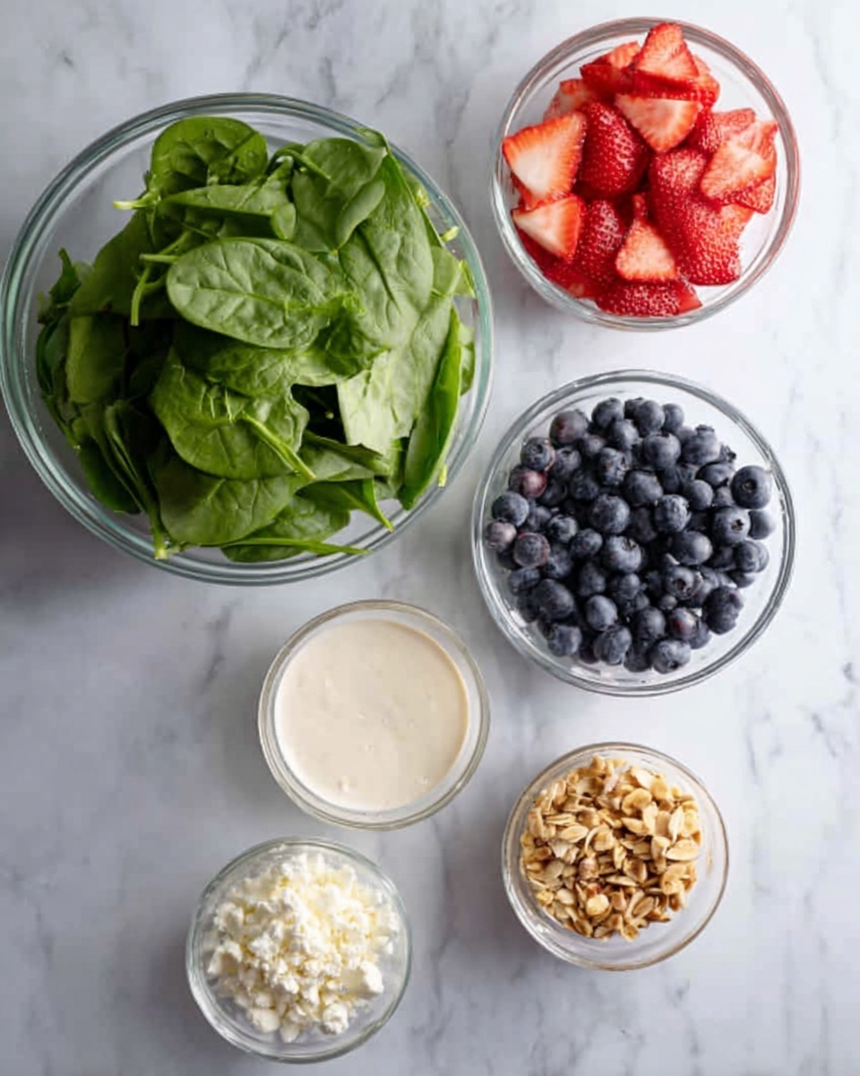 The image shows six small clear glass bowls placed on a white marbled surface. The largest bowl, at the bottom left, is filled with fresh, bright green spinach leaves. At the top right, there is a bowl full of sliced red strawberries, their juices visible on the white marbled surface. Below the strawberries, a smaller bowl contains dark blue blueberries, smooth and round. At the bottom center, an even smaller bowl holds finely chopped white cheese. Next to it, another small bowl contains a creamy off-white dressing or sauce. Finally, a small bowl filled with golden brown nuts or granola sits near the middle right. The layout is neat and organized, with soft natural light highlighting the fresh colors. Photo taken with an iphone --ar 4:5 --v 7
