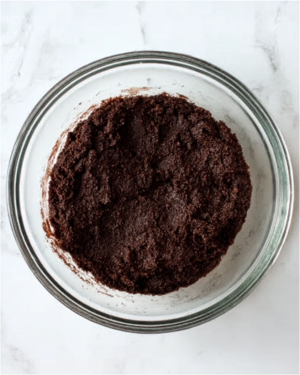 A clear glass bowl sits on a white marbled surface, holding a single layer of dark brown dough with a rough texture. The dough looks thick and slightly uneven, filling the bottom of the bowl but not reaching the sides much. No other items or layers are visible in the bowl or around it. Photo taken with an iphone --ar 4:5 --v 7