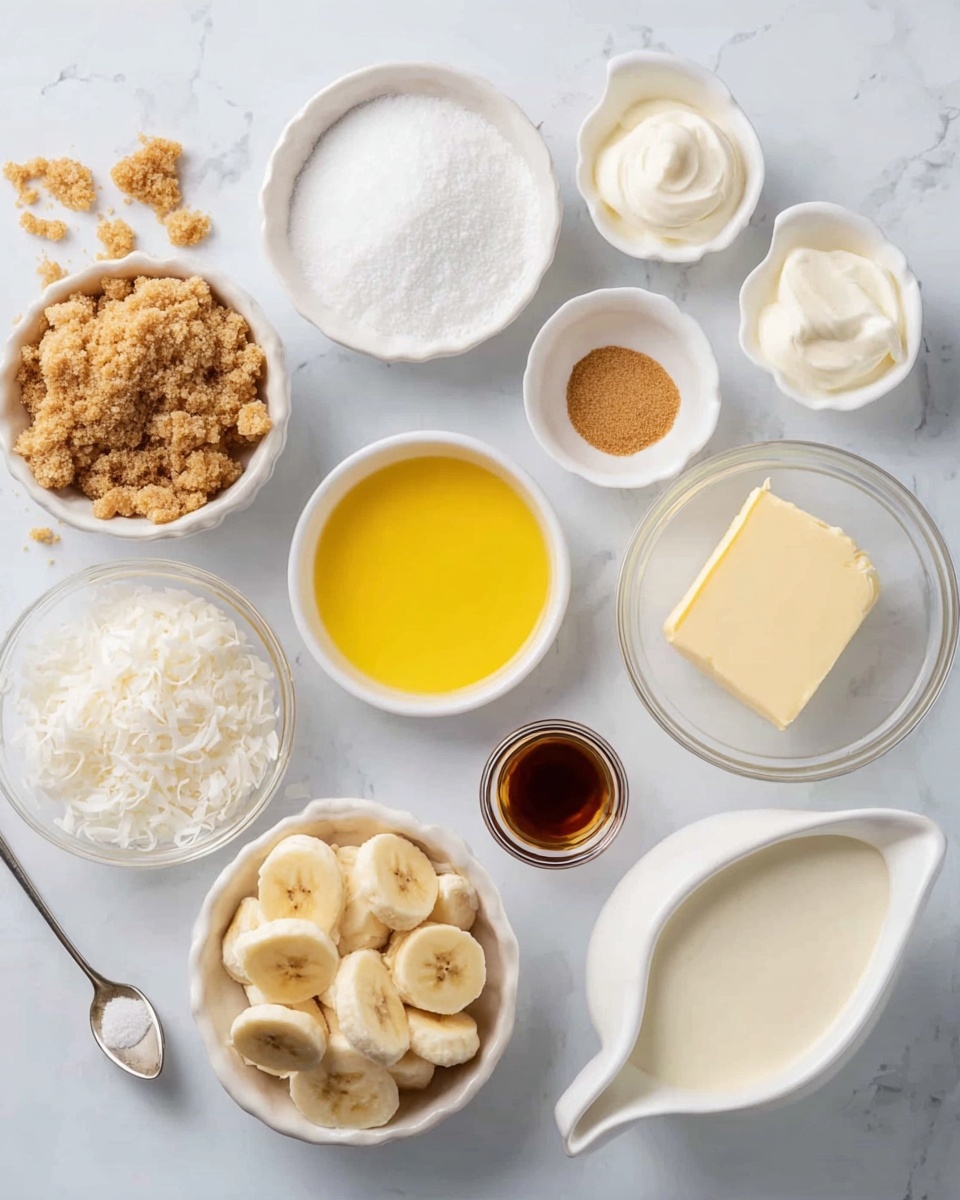 A white marbled surface holds eleven small white and clear bowls arranged neatly in a scattered layout, each containing different ingredients: a bowl with crumbled light brown crumbs at the top left; next to it, a white bowl filled with white granulated sugar; a white bowl with bright yellow melted butter sits nearby; a very small white bowl holds light brown brown sugar; a clear bowl filled with shredded white coconut flakes completes the top row. Below, a small white bowl filled with banana slices appears on the left and another similar bowl of banana slices on the right, both with visible banana round shapes and light yellow color. A small white bowl in the middle contains a yellowish block of butter. Nearby, a tiny white bowl has dark brown vanilla extract. A white gravy boat contains a small amount of thick white cream, while a rounded white bowl holds a pale yellow liquid or puree. A scooping spoon with a bit of white cream completes the scene. The photo is taken with an iphone --ar 4:5 --v 7