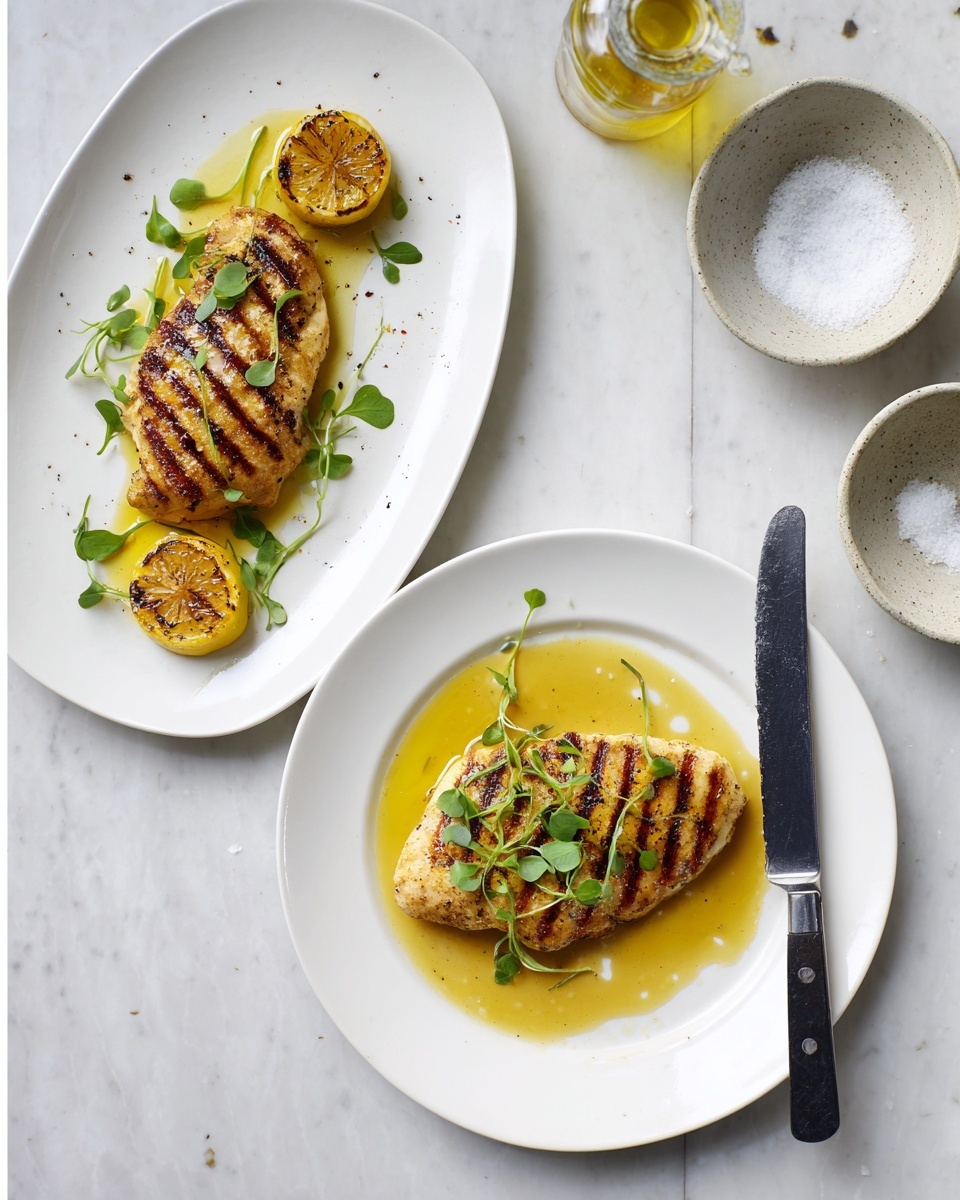 The first dish shows a white round plate with one grilled piece of chicken sitting in the center, with dark brown grill marks running horizontally across the light golden-brown chicken. The chicken is topped with fresh green pea shoots scattered on top and a small pool of yellow oil sauce underneath. There is a black knife with a silver blade resting on the right side of the plate on a white marbled surface background. The second dish features an oval white plate with two golden-brown cooked pieces of chicken that have a crispy skin texture. The chicken rests in a yellow, glossy sauce with two grilled lemon halves, one between the chicken pieces and one next to them. Surrounding the plate on the white marbled surface are a small bowl with salt, a glass bottle with olive oil, and a light grey speckled bowl with sauce. photo taken with an iphone --ar 4:5 --v 7