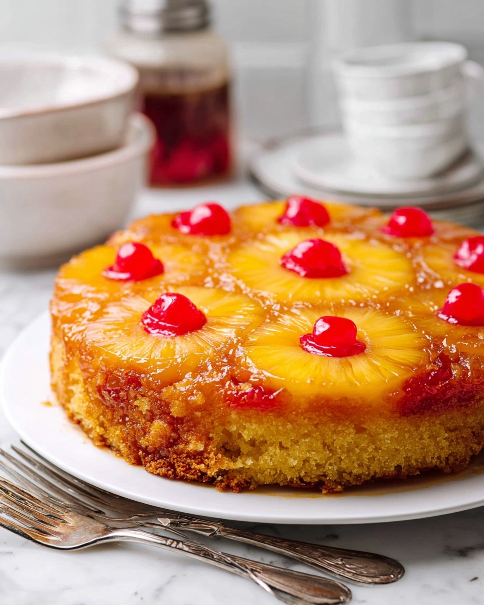 A round pineapple upside-down cake sits on a white plate over a white marbled surface. The cake has one thick layer with a golden brown moist texture. On top, there are seven bright orange caramelized pineapple rings evenly placed with a red cherry in the center of each ring and several cherries filling the spaces between. A slice is cut out and placed on a smaller white plate in the background with a silver fork resting on it. Nearby, more bright red cherries with green leaves are in a small white scalloped bowl. The lighting is soft, highlighting the shiny, sticky surface of the pineapples and cherries photo taken with an iphone --ar 4:5 --v 7
