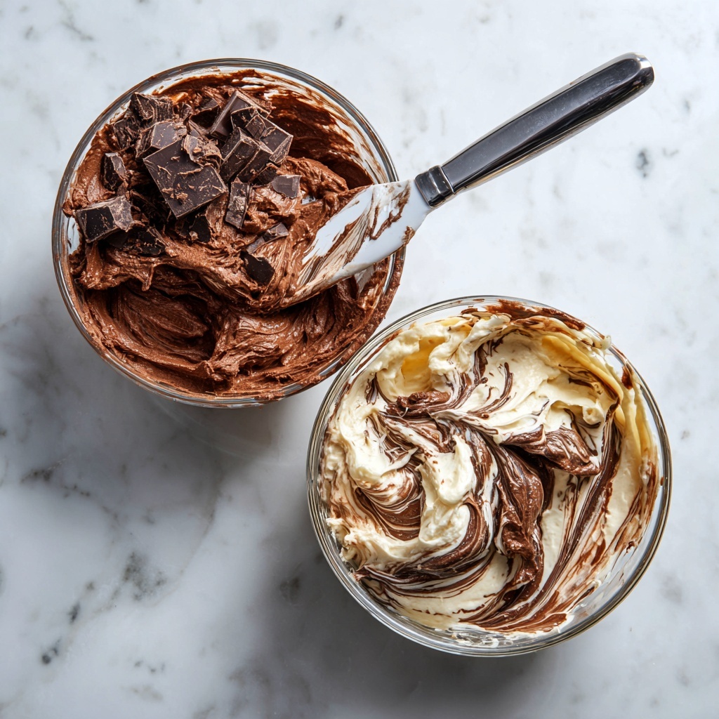 Two clear glass bowls are on a white marbled surface. The top bowl holds a dark brown chocolate mixture with chunks of chocolate on one side, showing a thick and rich texture. The bottom bowl contains a swirl of light cream and dark chocolate mixtures mixed together with a spatula that has a white blade and a black handle, creating a marbled effect. Photo taken with an iphone --ar 4:5 --v 7
