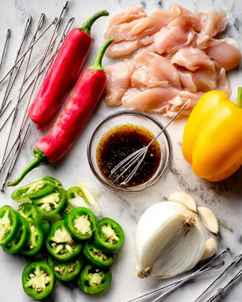 The image shows a white marbled surface with several fresh ingredients arranged neatly. On the left, there are sliced green poblano peppers with their seeds visible, next to two whole red chili peppers. In the top center, there are multiple thin slices of raw light pink chicken laid out. To the right, a whole yellow bell pepper sits beside peeled garlic cloves and a small chunk of white onion. In the middle, there is a clear glass bowl filled with dark brown sauce, and a small metal whisk rests inside it. Several metal skewers lie on the marble surface around the ingredients. photo taken with an iphone --ar 4:5 --v 7